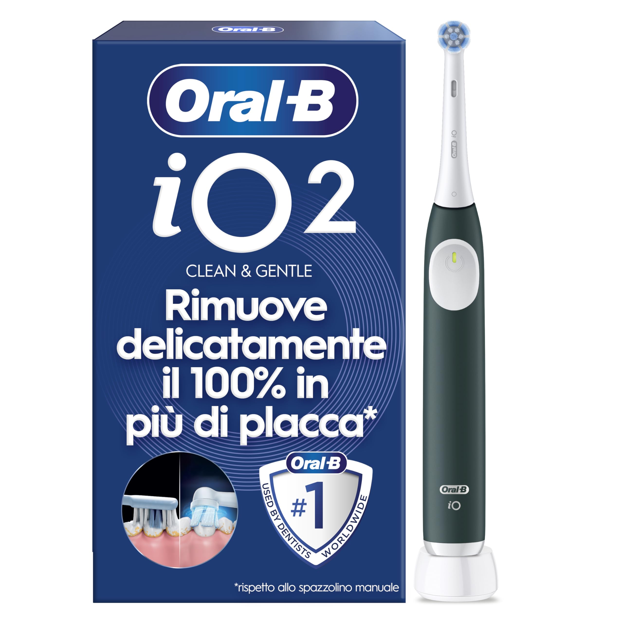 Oral-B Spazzolino Elettrico iO 2 Verde, 1 Testine Di Ricambio, Spazzolino Elettrico Ricaricabile, Pulizia Denti Efficace, Sensore Di Pressione, Delicato Sulle Gengive