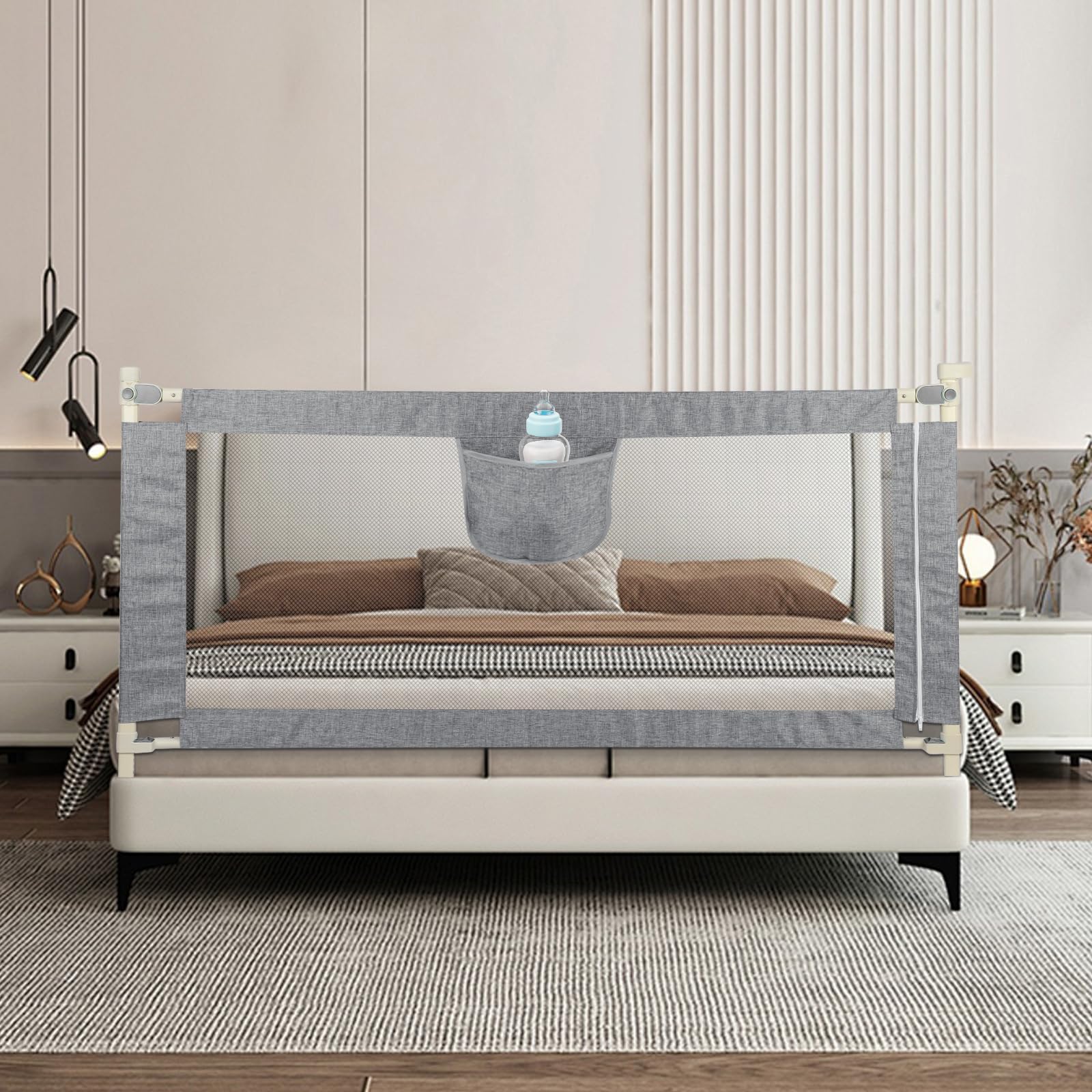 HUOLE höhenverstellbares Bettgitter -Kleinkind Bettschutzgitter Bettgitter Kinderbettgitter Babybettgitter Gitter Kinderbett Babybett Rausfallschutz-1,8 m – grau