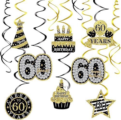 Serpentinas colgantes de feliz cumpleaños 60, decoraciones de fiesta de cumpleaños de 12 piezas para hombres y mujeres