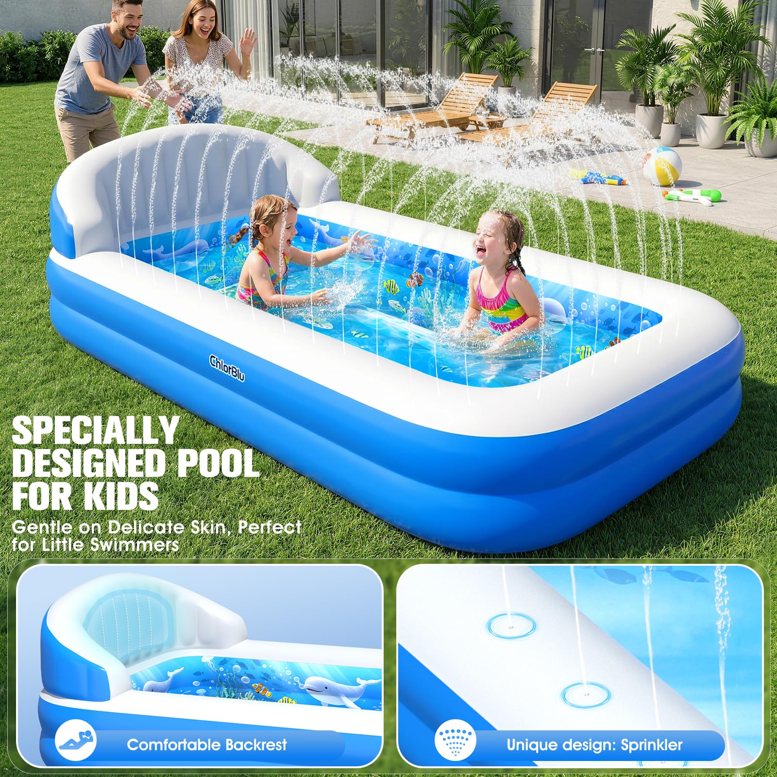 ChlorBlu Piscina Hinchable con Rociador, Piscina Inflable Adultos, Piscina Hinchable Rectangular para Adultos, Piscinas Hinchables, Piscina Hinchable Familiar Reforzada para Exteriores