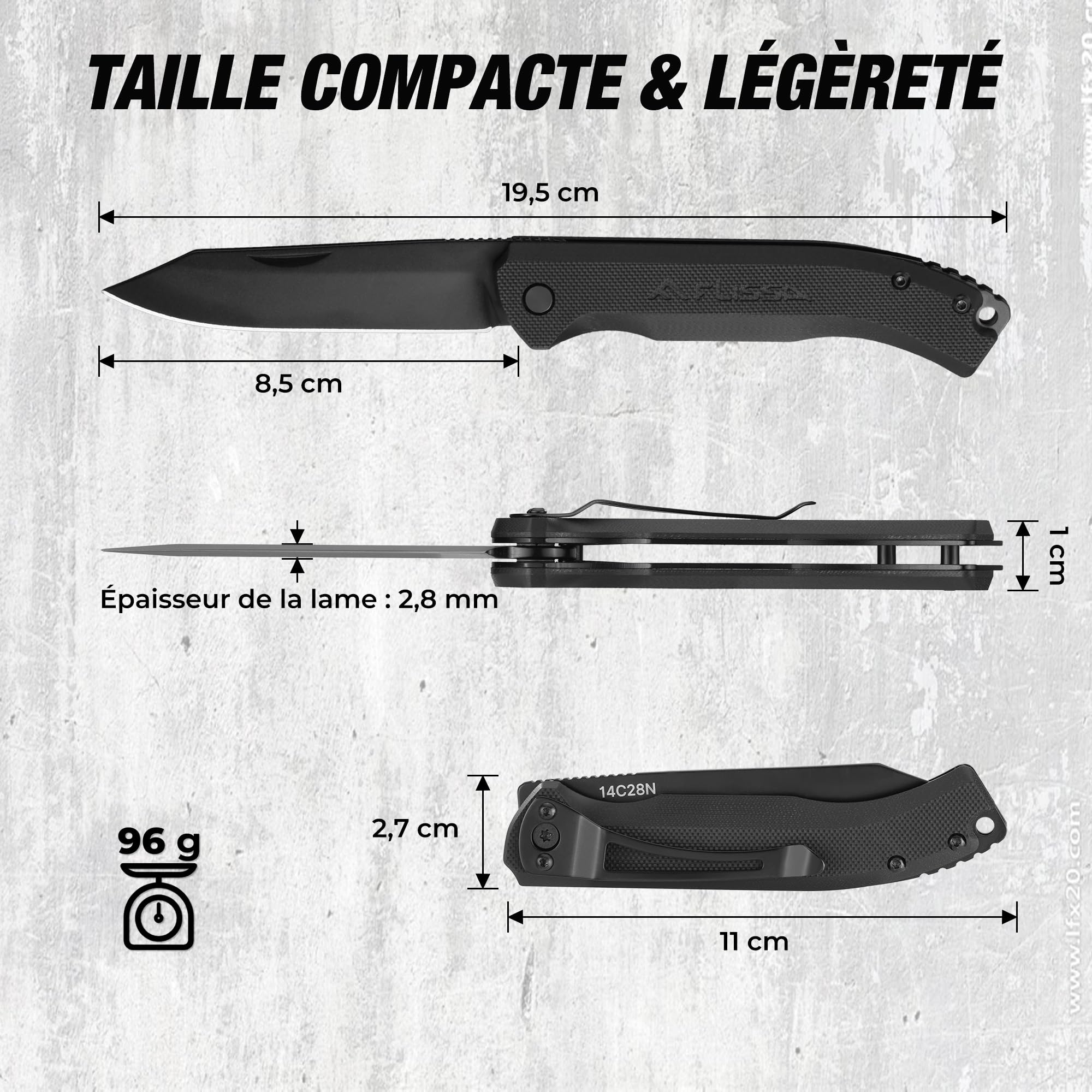 FLISSA Couteau Pliant de Poche en Acier 14C28N, Couteau Randonnée avec Manche G10, Clip de Ceinture, Idéal pour Camping, Alpinisme, Voyage, Usage Quotidien