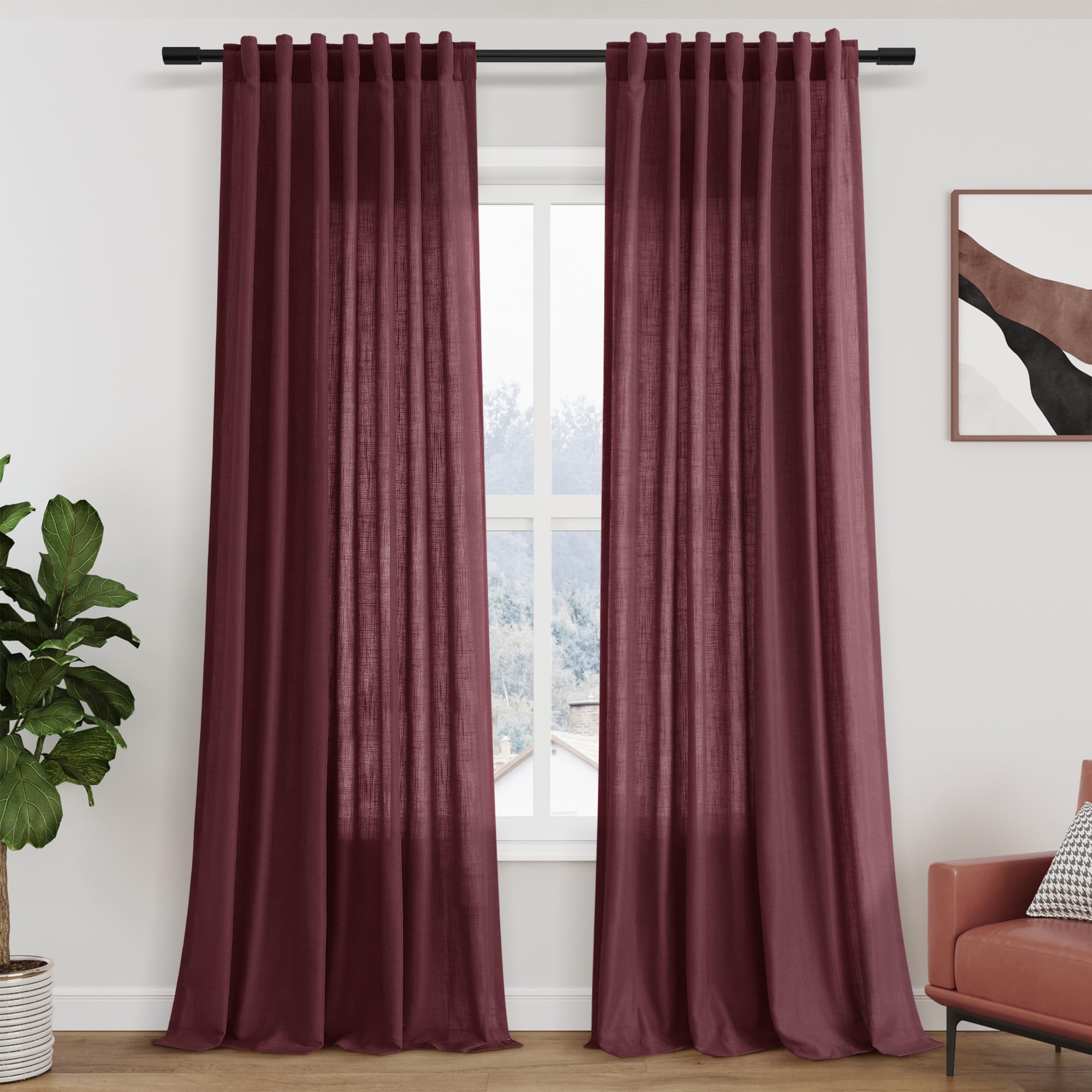 Burgundy Linen Curtains 90 Inch Long 2 Panels Set for Bedroom Living Room Linen Textured Window Drapes Semi Sheer Light Filtering Rod Pocket Back Tab
