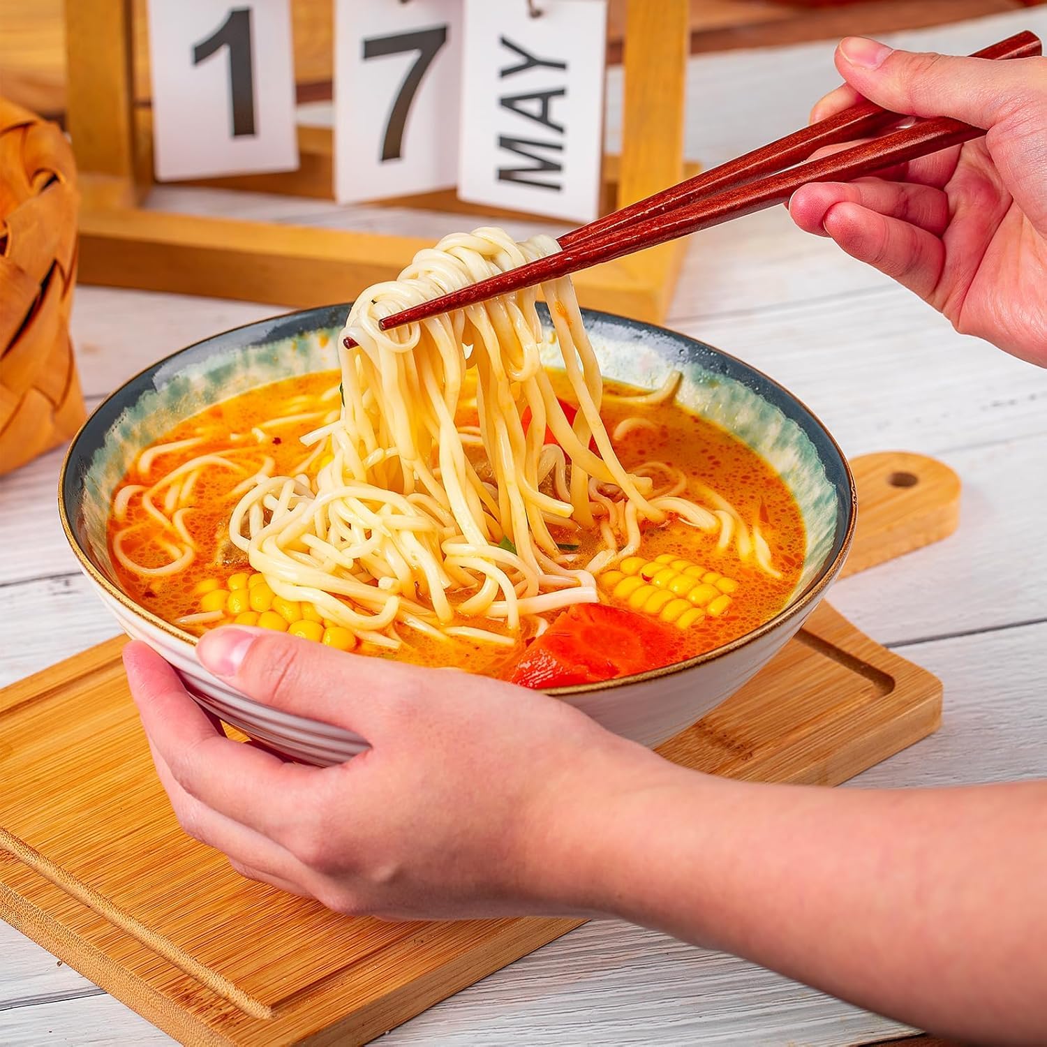 Bols à ramen en céramique Set de 2,Ramen Bol,1200 ml Bols à ramen Japonais,bol en céramique pour Ramen, salade, céréales,avec baguettes et cuillères