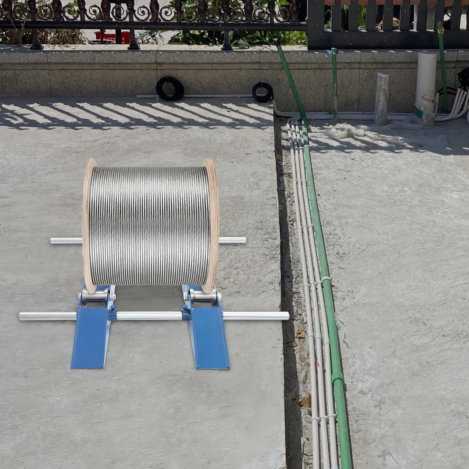 Soporte para carretes de cables con 3 niveles de rodillo trasero ajustable, para carretes de cable de 30 cm a 120 cm, capacidad de carga de 1 t, ayuda para la gestión de cables