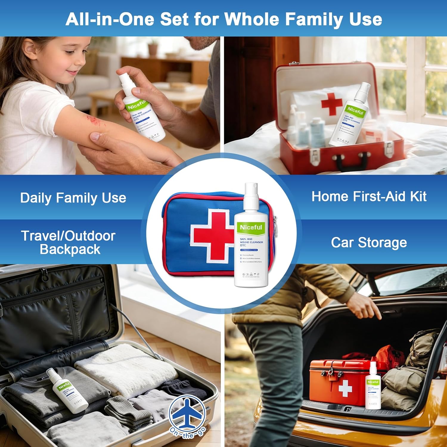 Skin and Wound Cleanser Spray - Sting-Free First Aid Antiseptic Wound Wash for Minor Cuts, Scrapes, Burns, Portable 360° Spray Alcohol-Free Wound Care for Kids & Adults 2.7 fl oz(Pack of 4)