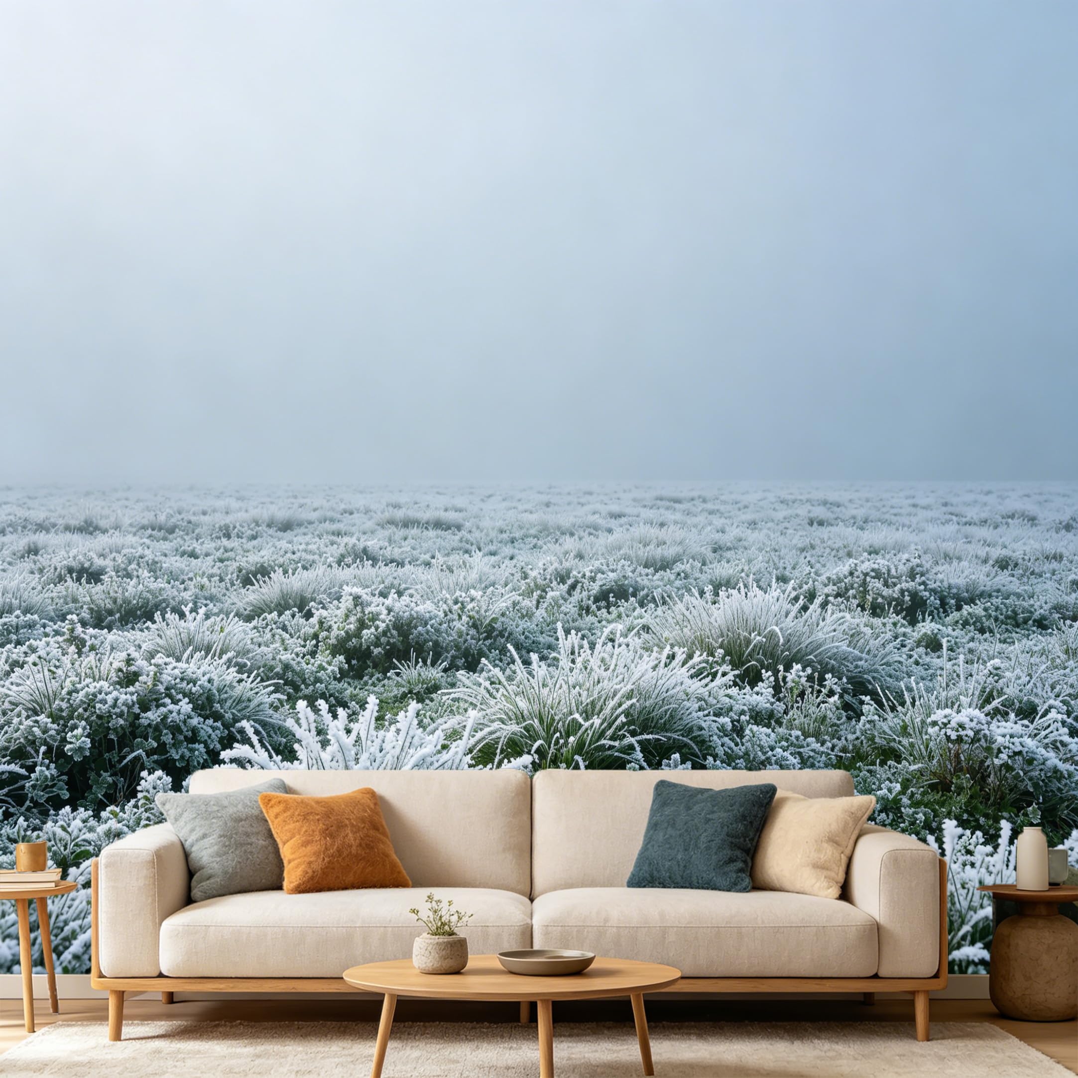 Custom Size Wall Mural Minimalist Frozen Meadow Landscape Winter Frosty Field Foggy Morning SelfAdhesive Art Prints wall Fabric（No PVC） Removable Wallpaper Home Bedroom Decor