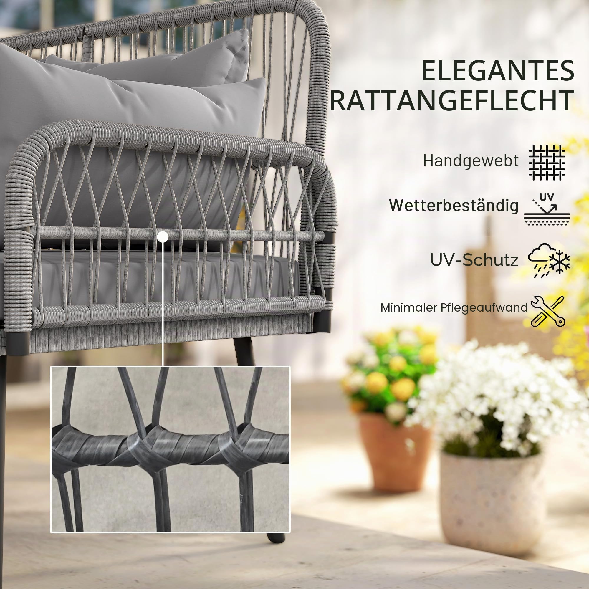 Outsunny Gartensofa mit Kissen und Kopfkissen, 2-Sitzer aus geflochtenem Kunststoff, Outdoor-Sofa mit Armlehnen, Rahmen aus verzinktem Stahl für den Balkon, dunkelgrau