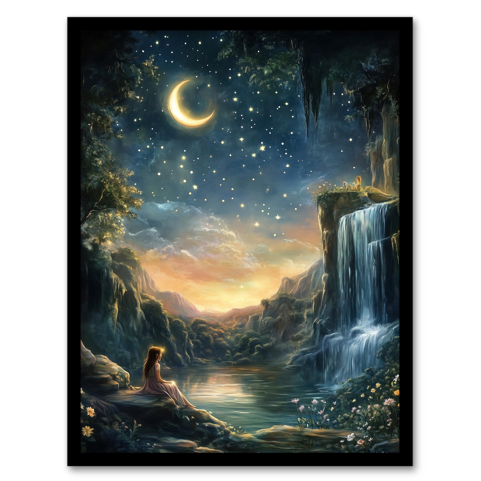 Artery8 Wendy in Neverland Lake Magical Forest Waterfall Nursery Kids Bedroom Artwork Framed Wall Art Print A4