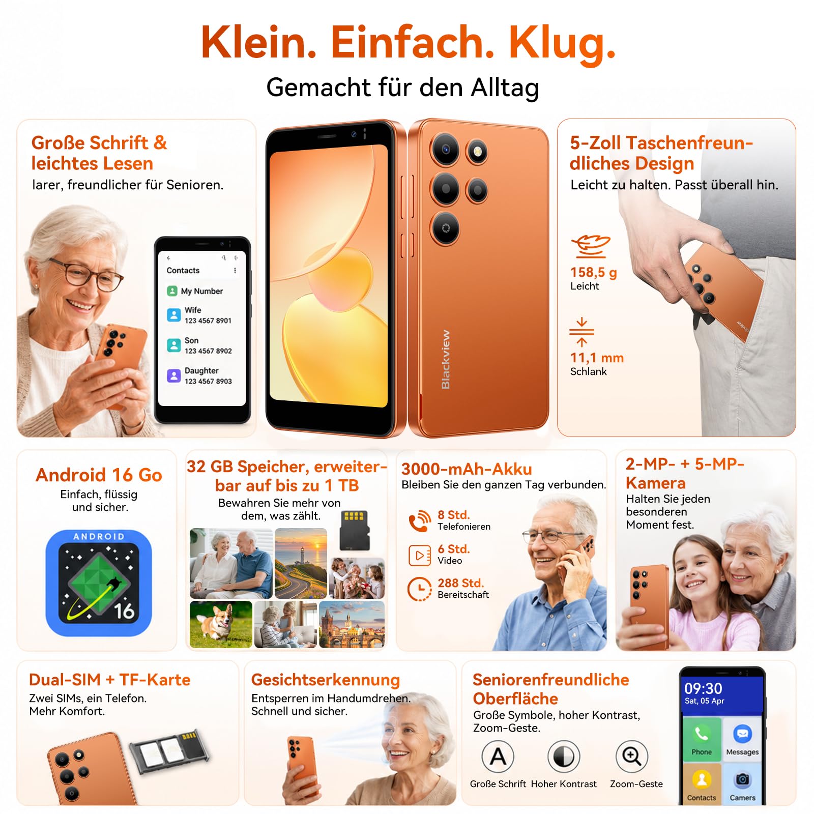Blackview Wave 2C Mini Handy Android 16, 5" HD+ IPS Smartphone Ohne Vertrag, 9GB+32GB/1TB, 4G Dual SIM/Face ID/GPS, Orange
