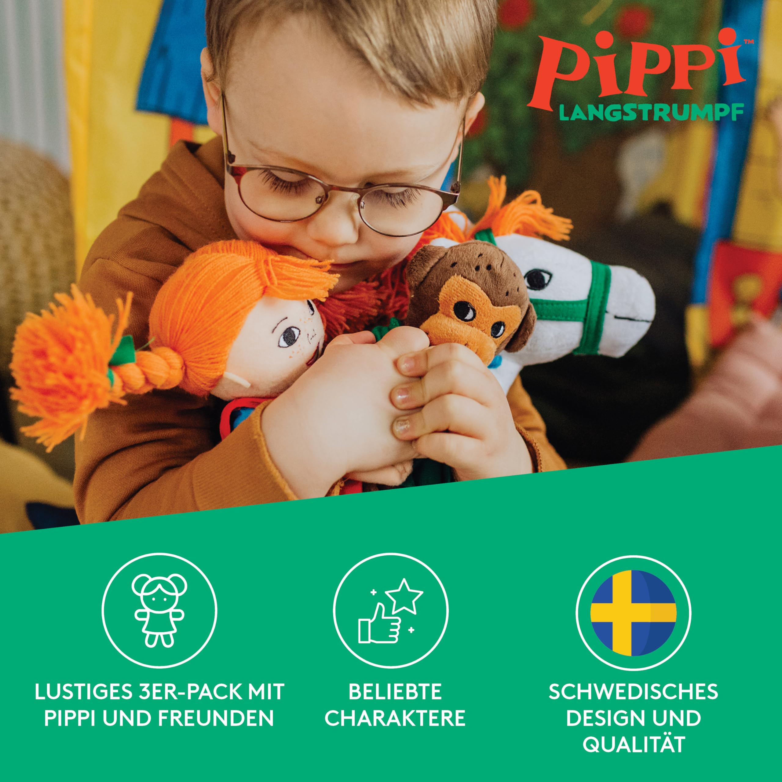Pippi Langstrumpf Kuscheltier-Set - Mit Pippi Stoffpuppe (20 cm), Herr Nilsson AFFE (16 cm) & Kleiner Onkel Pferd (22 cm) - Offiziell lizenziert, Plüschtier klein für Kinder