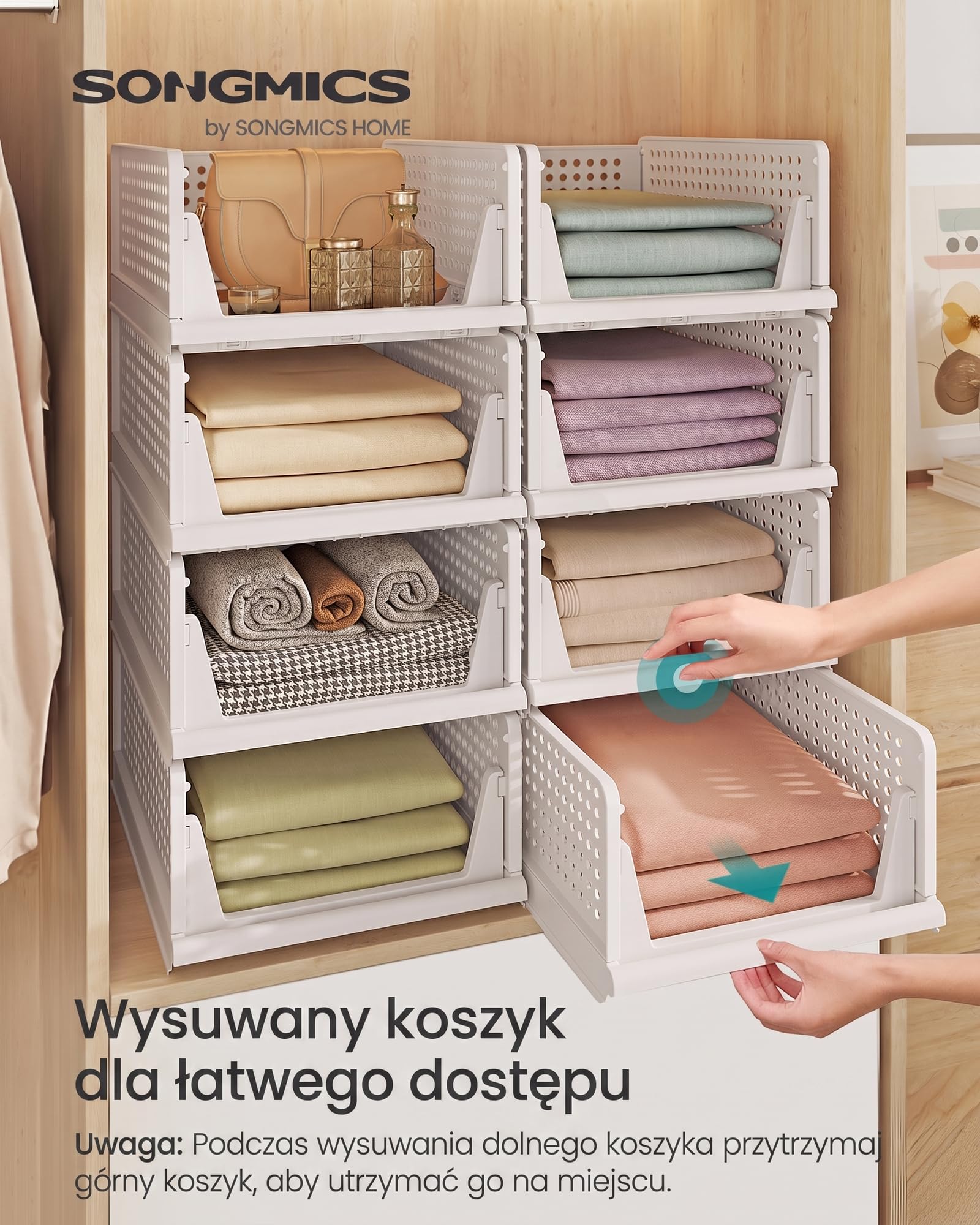 SONGMICS Organizery do Szafy, Zestaw 8, Wysuwane Kosze, 33 x 43 x 18,5 cm | Plastikowe Pojemniki do Przechowywania, Składane i Sztaplowane, Biały, Kolekcja DENNYS LPC800WZ01