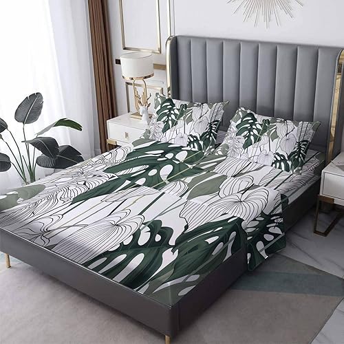 Miniatura 8 de Line Sheets - Juego de sábanas y fundas de almohada estampadas de 4 piezas, sábana bajera ajustable de microfibra suave con bolsillo profundo,