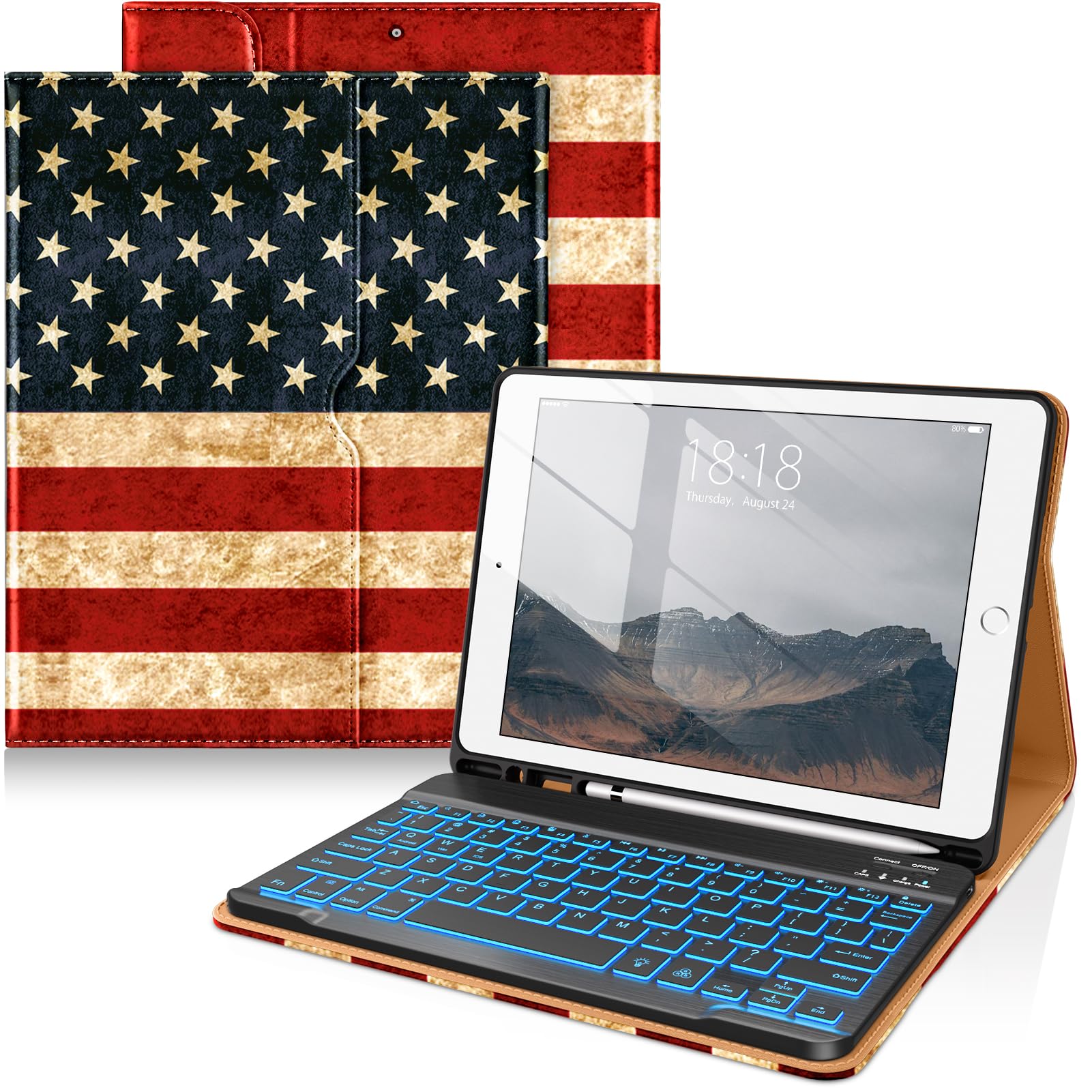 DTTO for iPad 9th/8th/7th Generation Case with Keyboard, US Flag