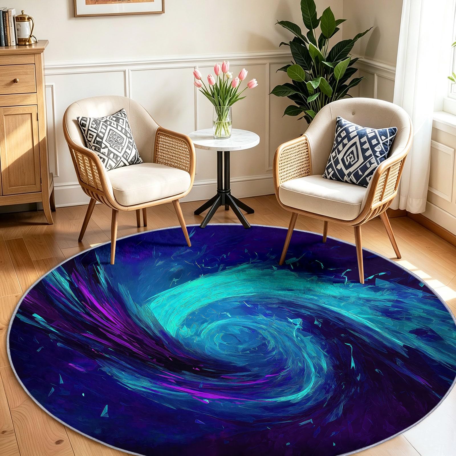 Tapis salon rond multicolore lavable en machine pour un entretien facile