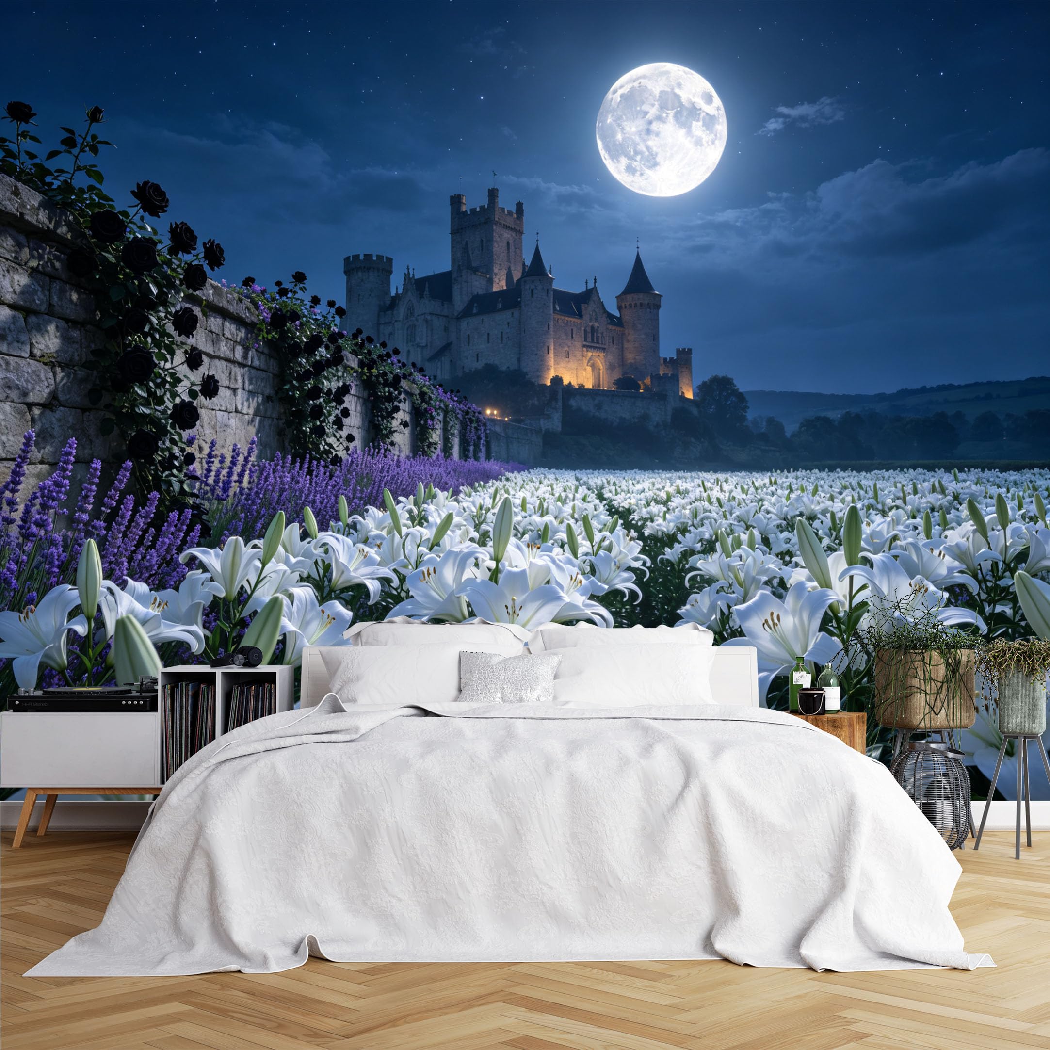 Lcythiazole Ch260615008 Custom Size Wall Murals Full Moon White Lily Castle Wall Murals Night Lavender Flower Field View Wallpaper Full Wall Self-Adhesive Removable Wallpaper For Bedroom