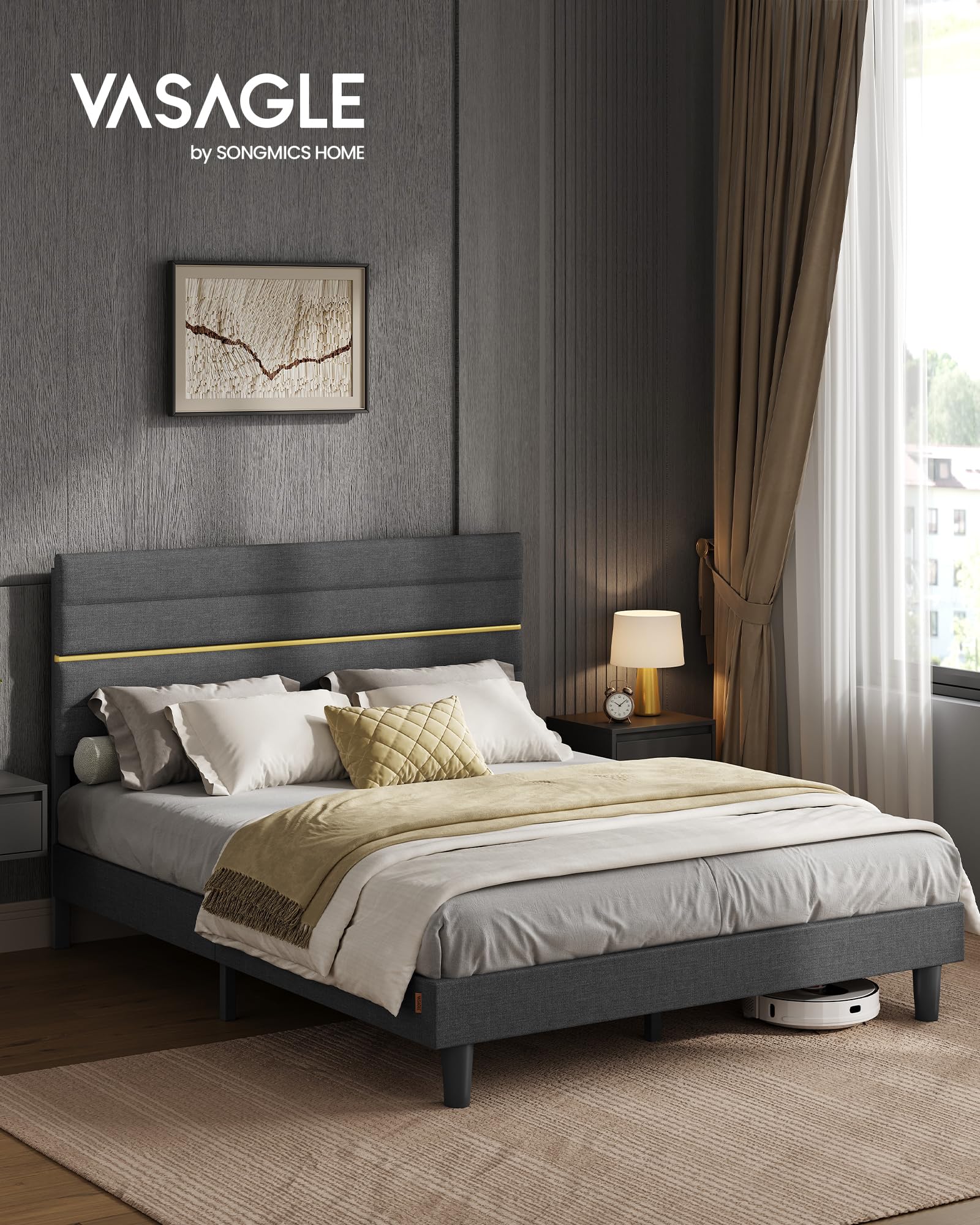 VASAGLE Struttura Letto Matrimoniale, Telaio Letto, per Materasso 160 x 200 cm, Testiera Imbottita Regolabile, Metallo e Legno, Moderno, Grigio Ardesia RMB505G01