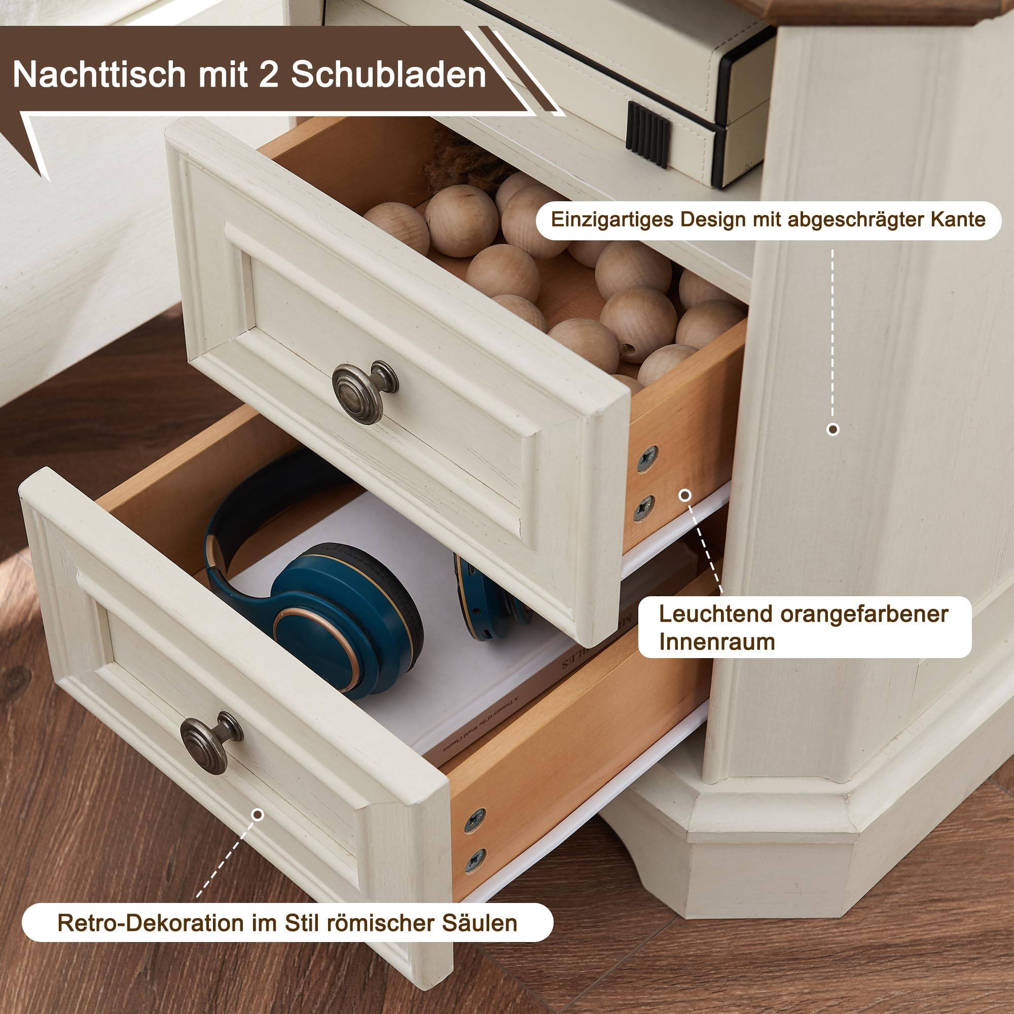 Landhausstil Nachttisch mit Ladestation, 45 cm Beistelltisch mit 2 Schubladen, Holztisch, Bettkombination für Schlafzimmer, Wohnzimmer (Antik Weiß)