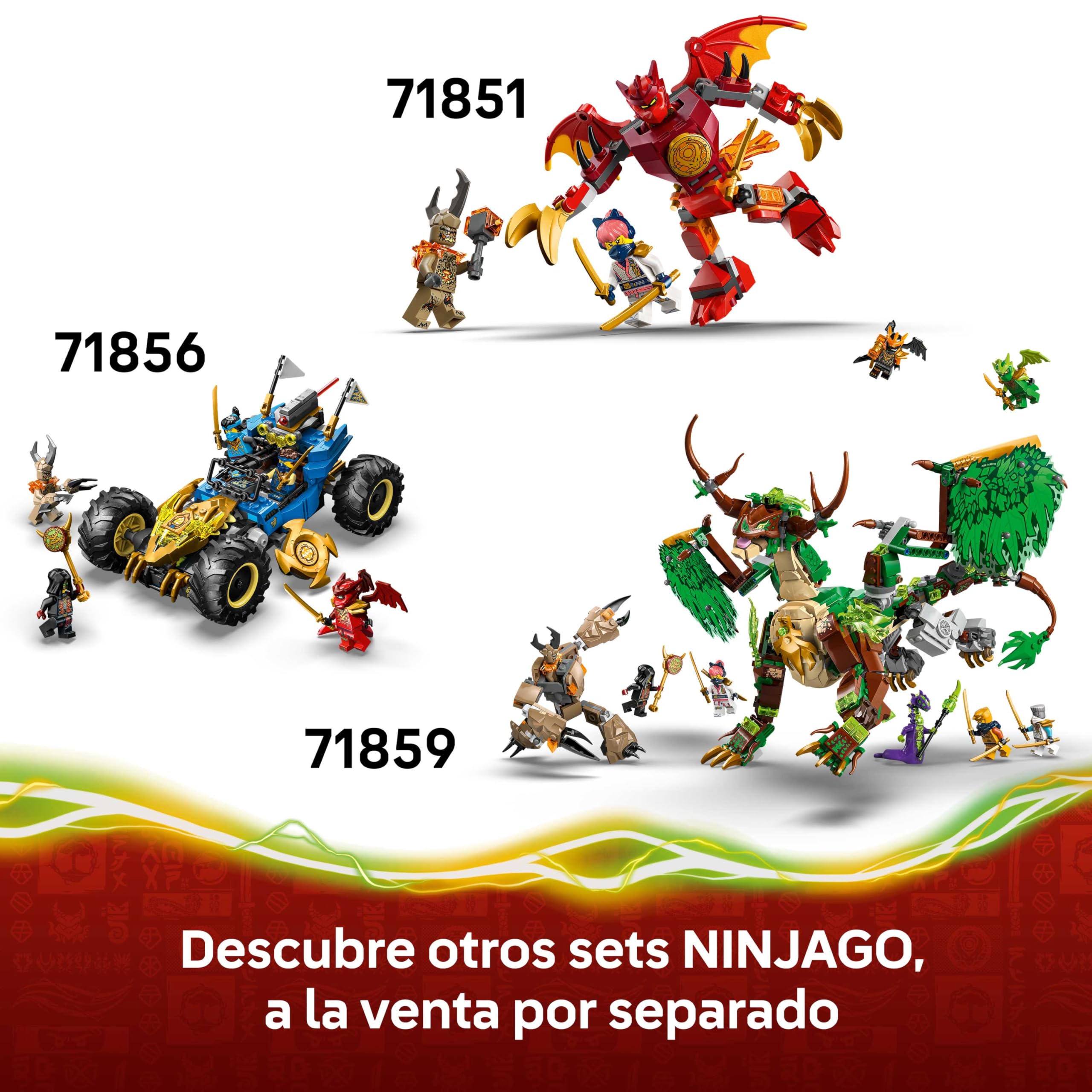 LEGO Ninjago Batalla de Vehículos Ninja Junto a la Casa del Árbol - Moto y Helicóptero de Juguete - Minifiguras de Acción con Armas Ninja - Regalo para Niños 7+ Años - 71857