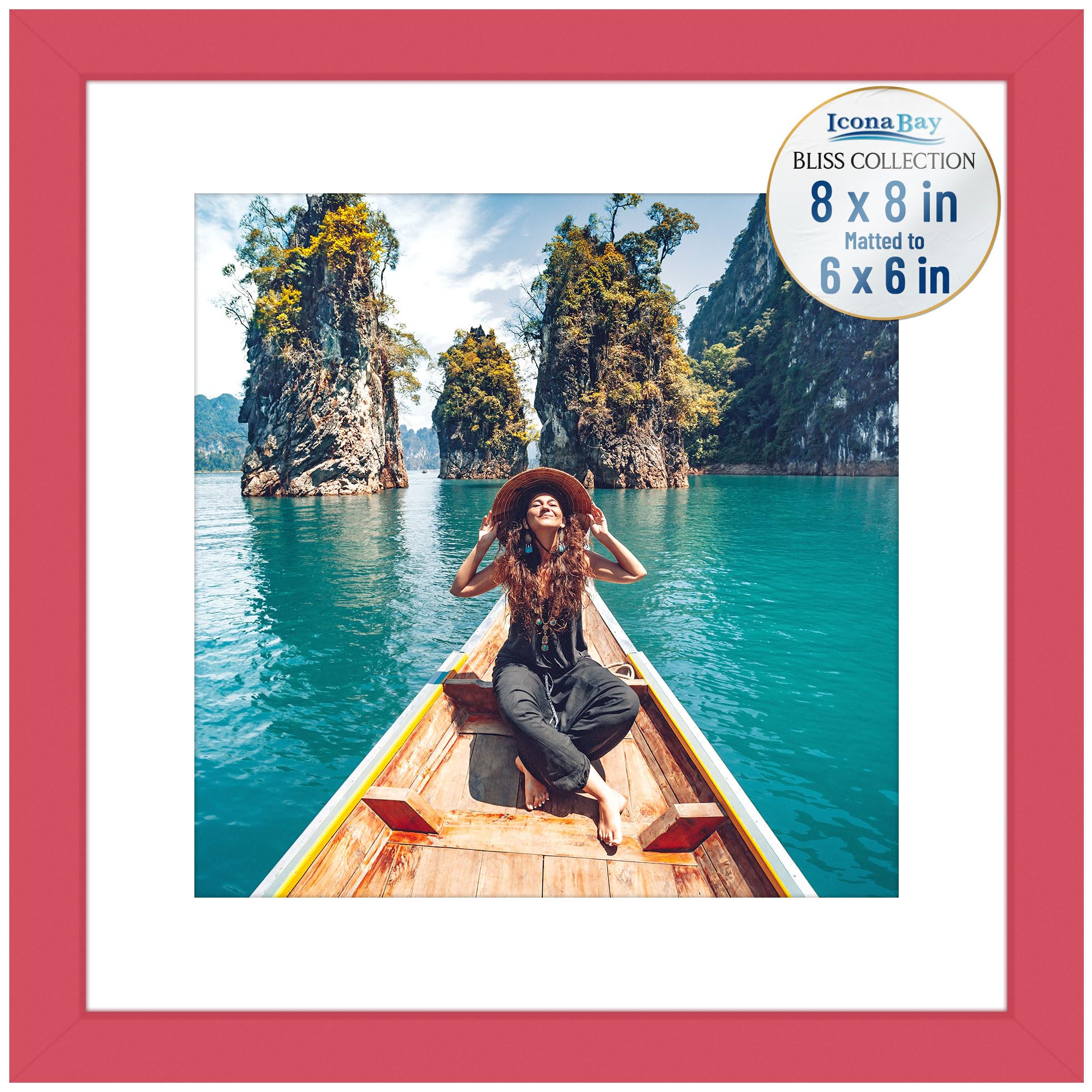 Icona Bay Bliss Collection Picture Frame with Detachable Mat for 6x6 cm Photos, Modern Wooden Picture Frame, Table or Wall Mount, Red, 8x8 inches