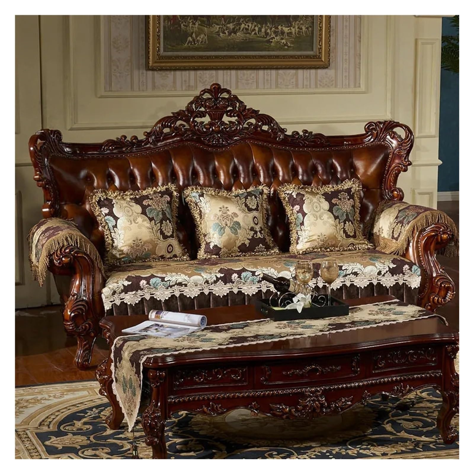 GCYEIDMA Vintage Sofa Cover Retro Lace Covers For Sofas Floral Leather Couch Slipcover Armchair Cover(Coffee,Backrest-80x180cm)