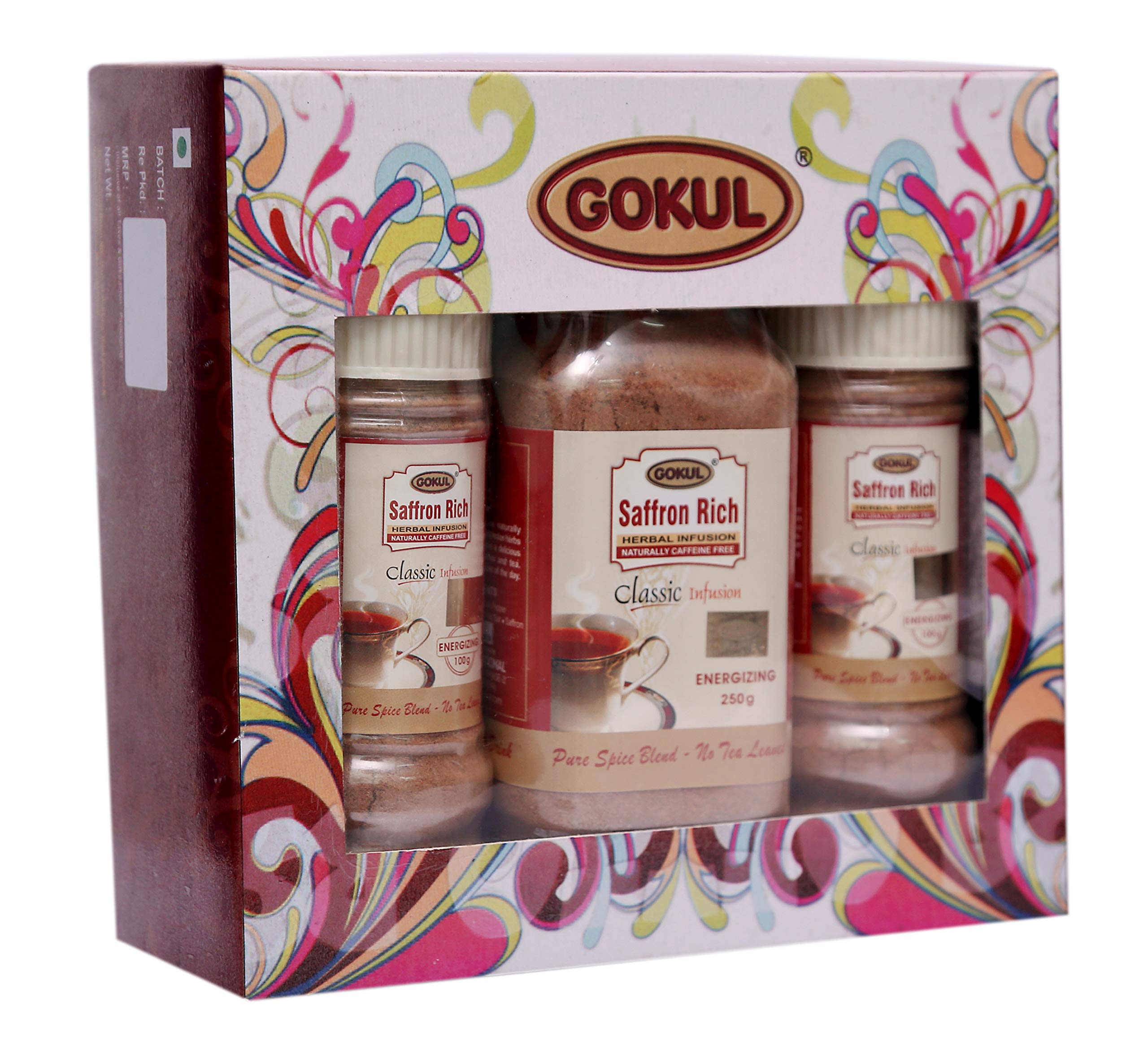 Gokul Herbal Infusion Saffron Rich Tea Pack of 3 Immunity Booster Energizing Tea Combo Gift Pack (2x100g, 1x250g)