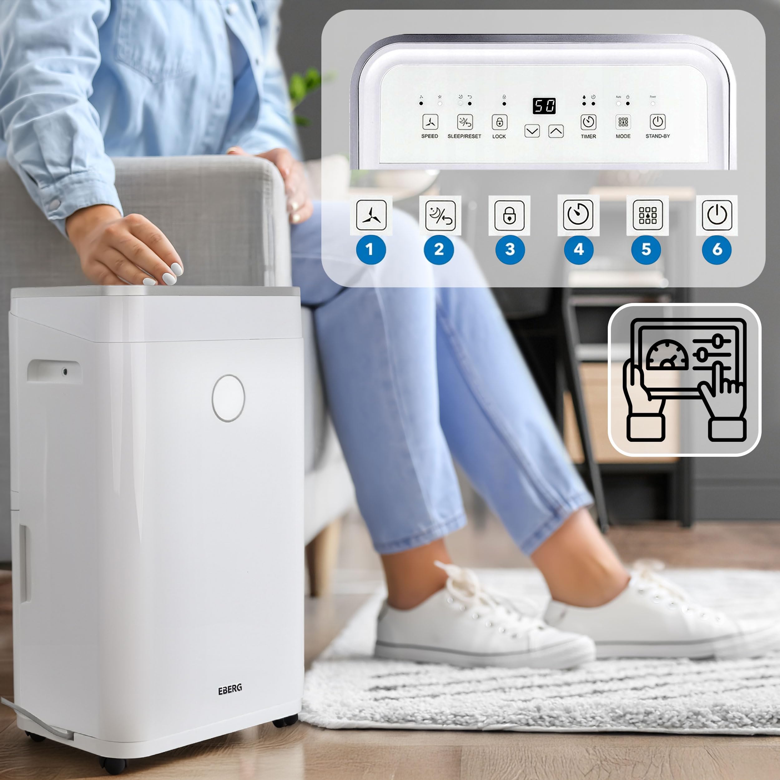 EBERG AZARI osuszacz powietrza 20 l/24 h, higrostat, suszenie prania, zbiornik 6,5 l, LCD, timer, ciągły drenaż, do domu i piwnicy, biały