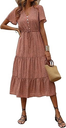 PRETTYGARDEN - Vestido floral para mujer, verano 2025, informal de manga corta, largo tipo maxi, cuello en V, corte escalonado, vaporoso, bohemio,