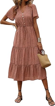 PRETTYGARDEN Summer Floral Dress for Women 2025 Casual Boho Short Sleeve Maxi Dresses V Neck Tiered Flowy Beach Sundress