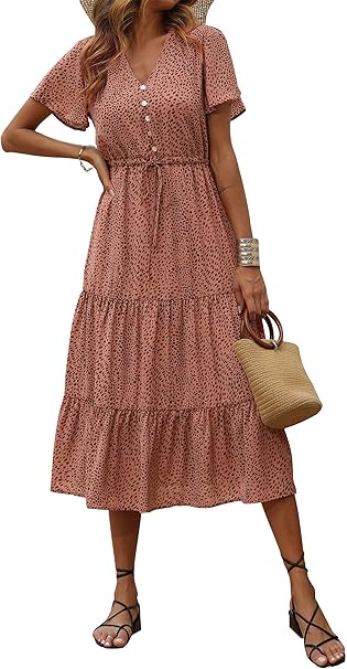 PRETTYGARDEN Summer Floral Dress for Women 2025 Casual Boho Short Sleeve Maxi Dresses V Neck Tiered Flowy Beach Sundress