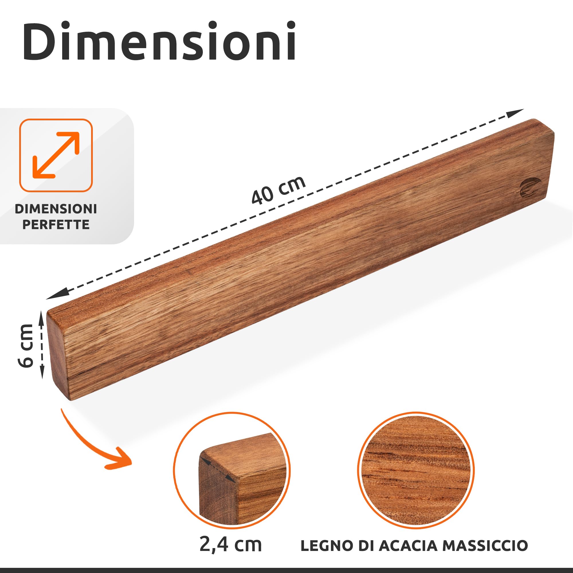 ECENCE Barra Magnetica per coltelli in Legno di acacia die alta qualità - 40cm - Portacoltelli da Cucina Magnetico per forare o incollare - Porta Coltelli Magnetico