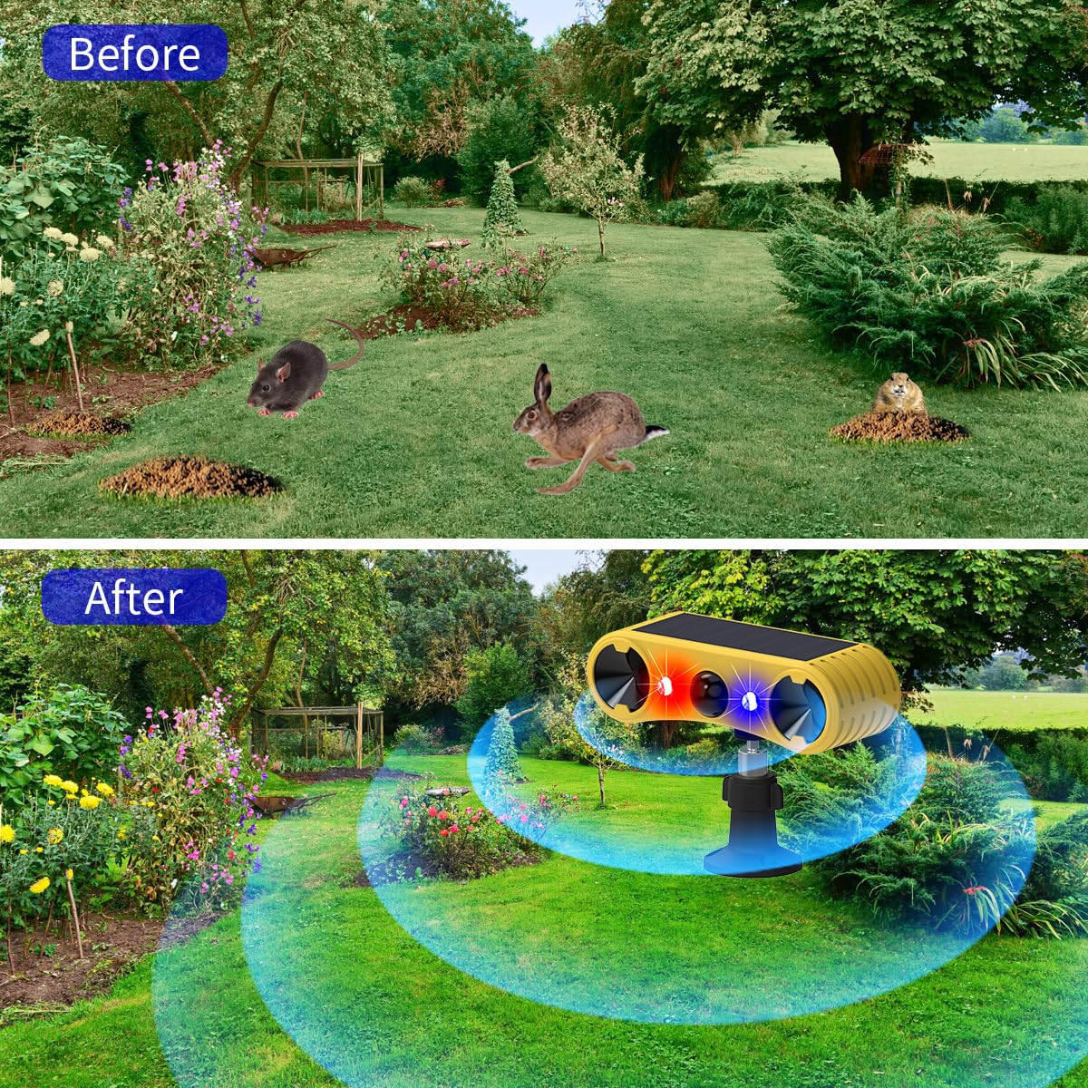 keeda Solar Motion Sensor Alarm Outdoor Waterproof Infrared Sensor Alarm 129dB Loud Siren with Dog Barking&Gunshot Sound 13 Kinds of Sound Strobe Light (1)