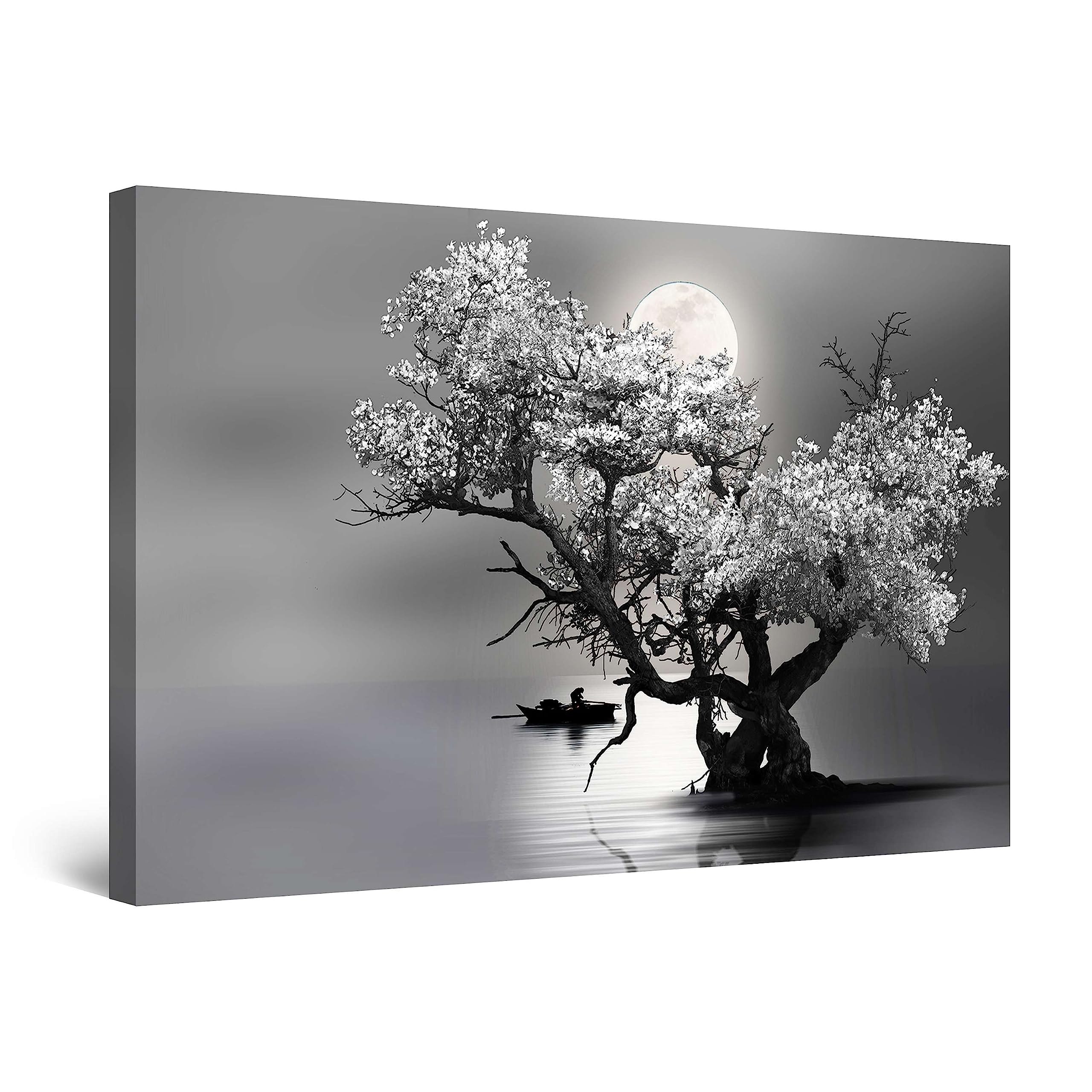Startonight Canvas Wall Art Decor Flower Tree and Moon Black and White Print for Bedroom, Original and Unique Luminous Wall Art Minimalism Piece 24" x