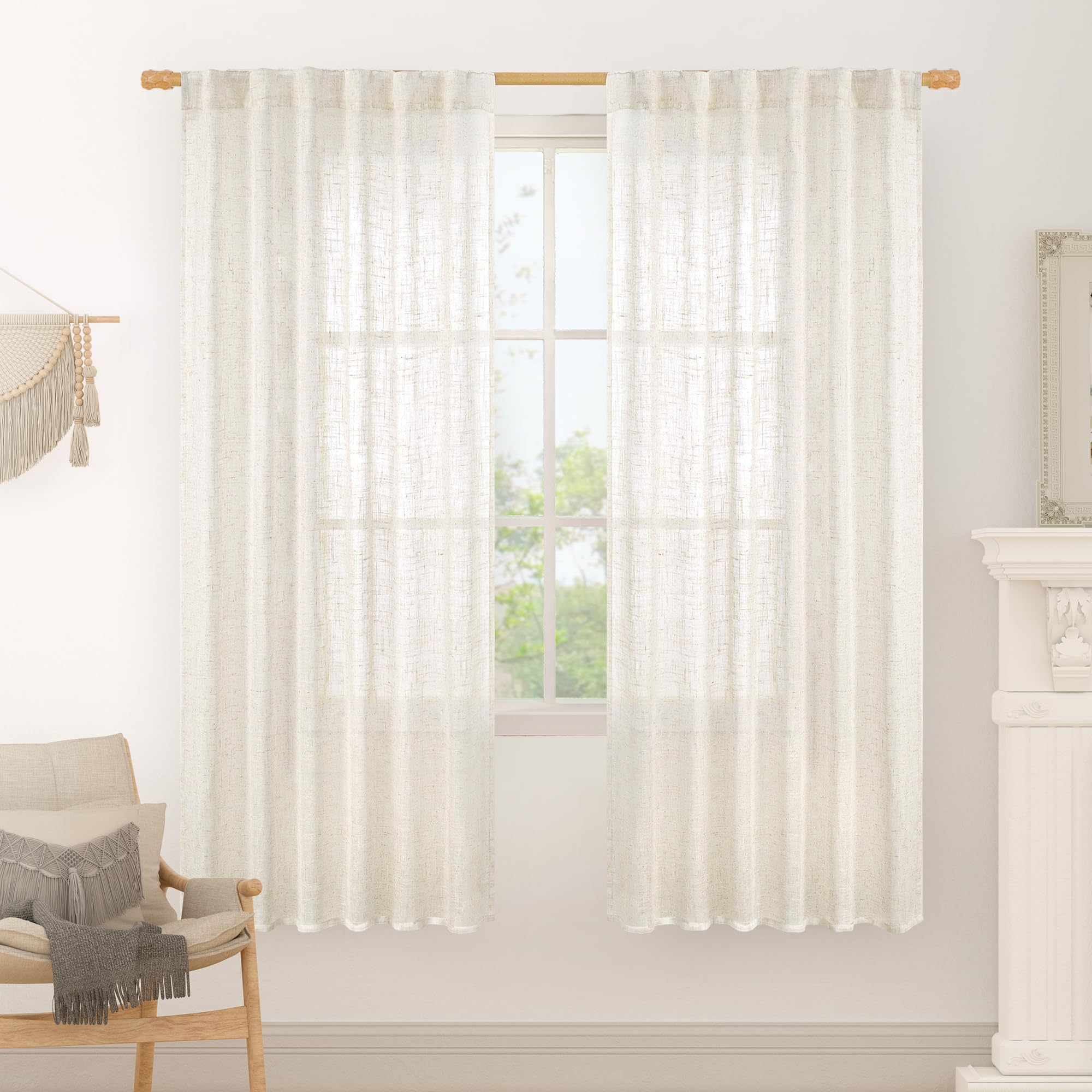 LAMIT 68 inch Length Linen Curtains for Living Room 2 Panels, Linen Textured Light Filtering Semi Sheer Back Tab and Rod Pocket Window Curtain Panels for Bedroom/Farmhouse, Cream, 52 x 68 Inch โ image 1