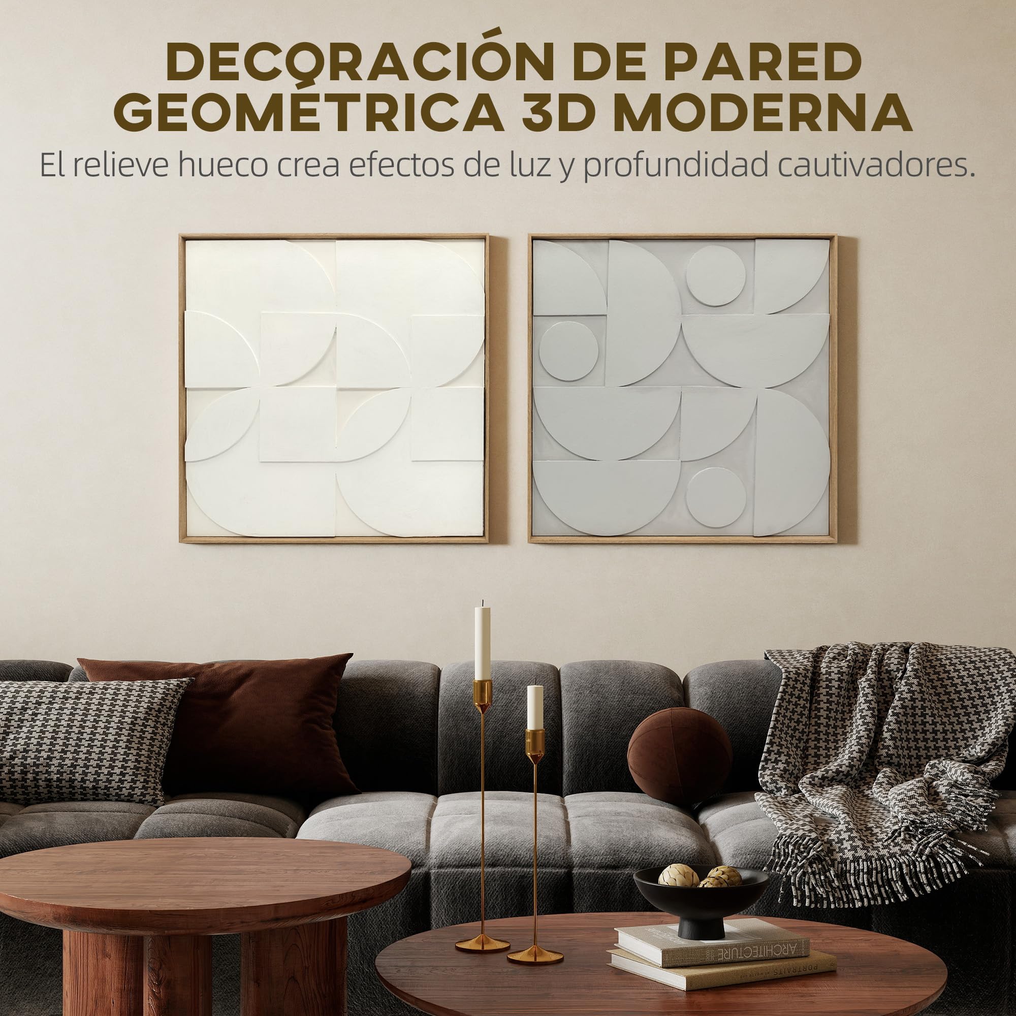 HOMCOM Decoración de Pared de Madera 3D, Juego de 2 Piezas, Adornos de Pared 80 cm con Patrones Geométricos Huecos, Decoración Moderna para Salón, Dormitorio, Pasillo, Blanco