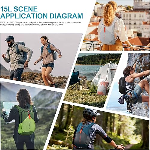 Miniatura 8 de FIORETTO Mochila de senderismo de 15 litros para mujeres y hombres, mini mochila plegable ligera para acampar viajes al aire libre, turquesa