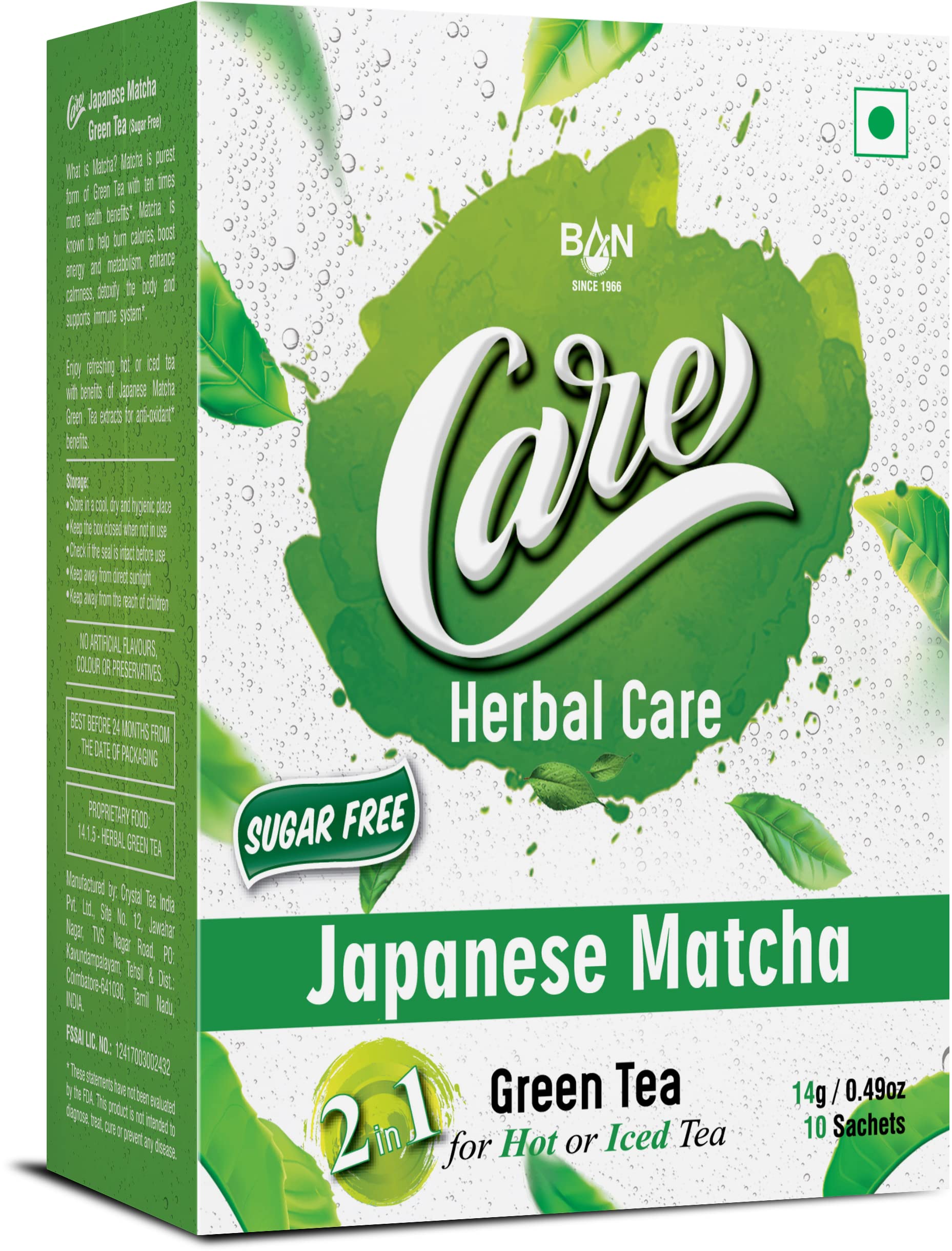 CARE Japanese Matcha Herbal Green Tea 20 Sachet Bags (2 Packs x 10) | Organic Whole Loose Leaves Blends | Enjoy Hot or Iced | No Artificial Flavours | Classic Brew for Immunity & Detoxification