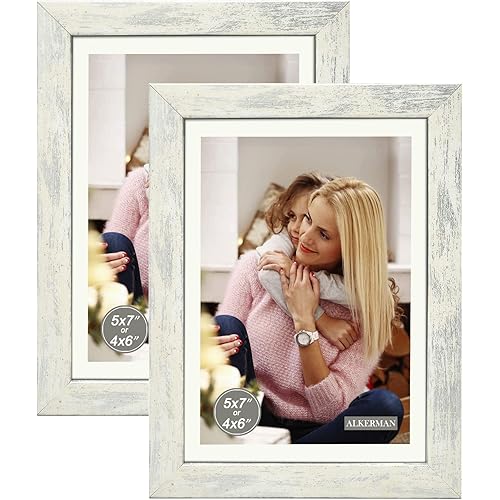Alkerman 5x7 Picture Frames （pack of 2）,Display Pictures 4x6 with Mat or 5x7 Without Mat, Rustic White and Silver Wood Pattern High Definition Glass for Table Top Display and Wall Mounting Photo Frame