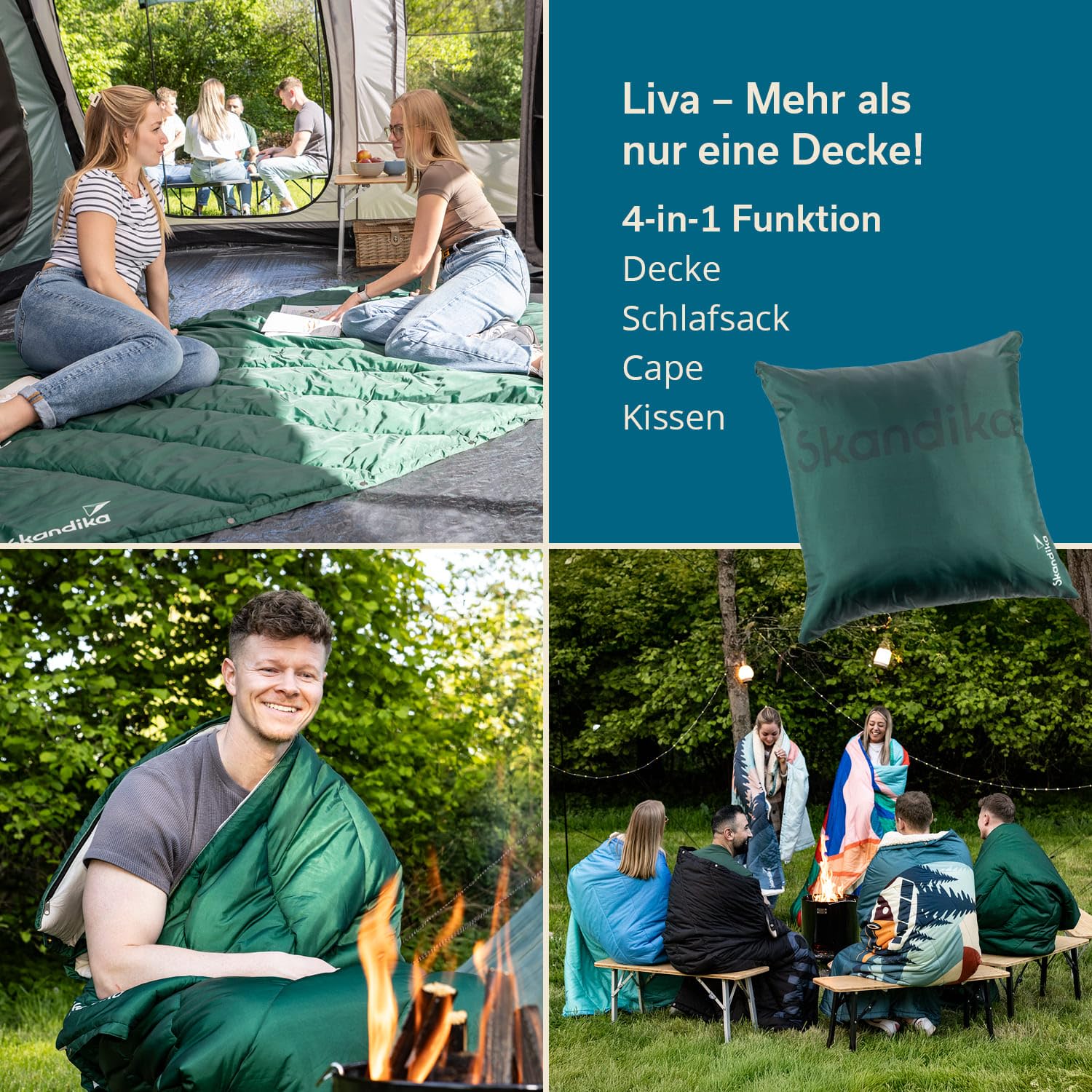 Skandika Koc kempingowy Liva nylon zielony | 4 w 1 koc outdoorowy, 200 x 135 cm, narzuta, śpiwór, poduszka, z nylonowym spodem, watowaniem z poliestru, wodoszczelny, na kemping, akcesoria