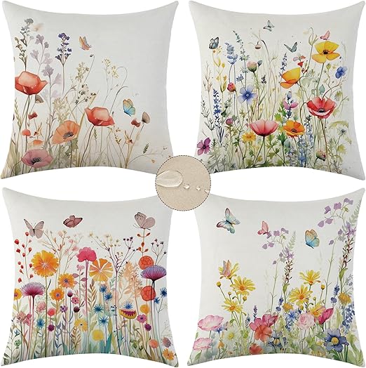 Outdoor Waterproof Throw Pillow Covers 18x18 Set of 4 Spring Summer Floral Decorative Pillow Covers for Outdoor Couch Sofa Patio