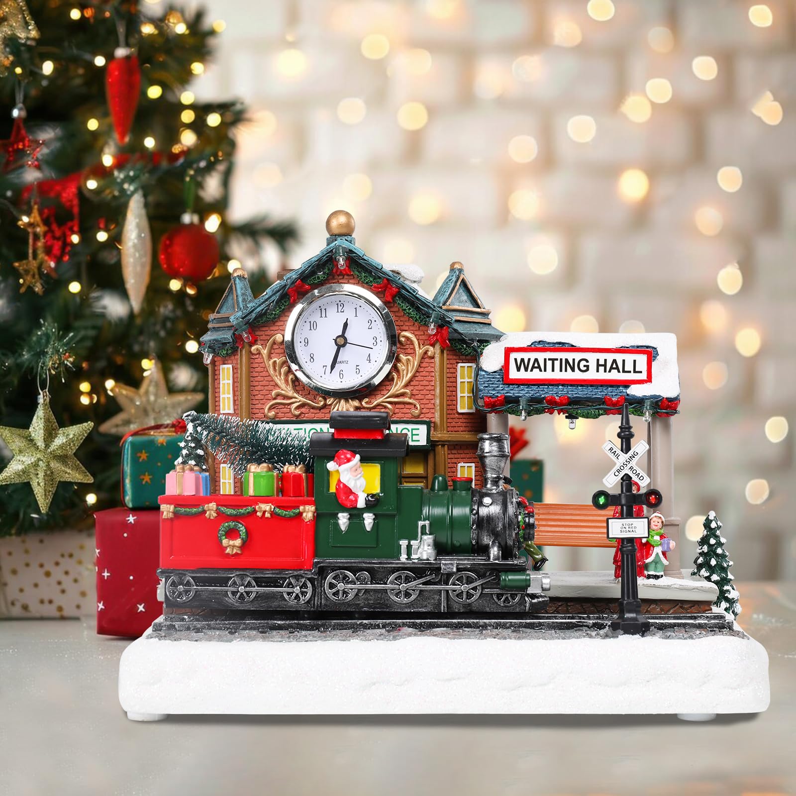 WONDER GARDEN Weihnachtshäuser, Weihnachtsdorfhaus, Dorf, beleuchtete Musik-Bahnhofs-Sammelgebäude mit beweglichem Zug, für Zuhause, Innendekoration oder Geschenk