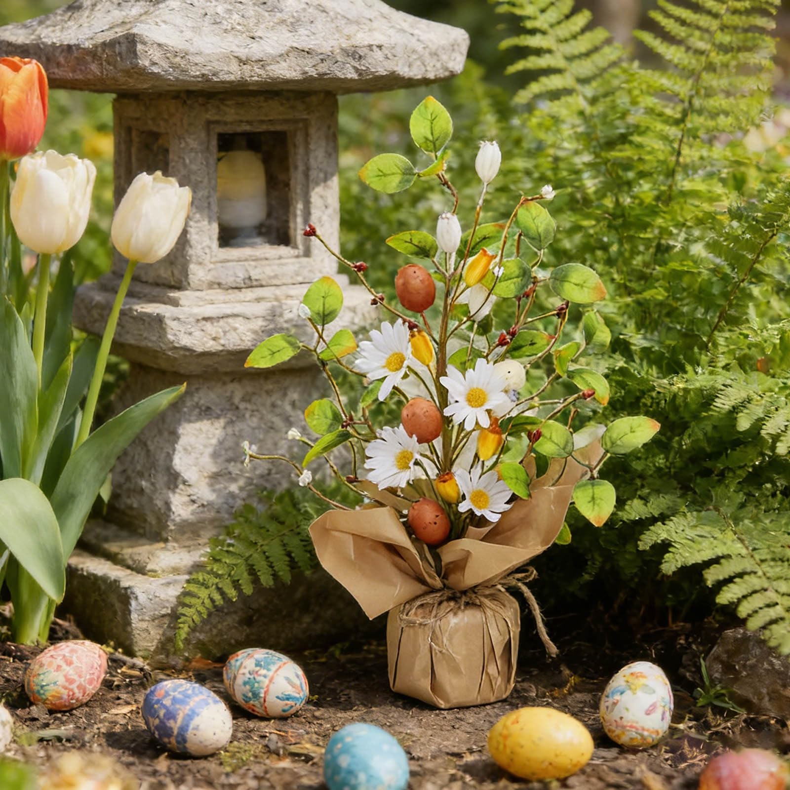 Huevo de Pascua de flores de primavera con centro de mesa floral para el hogar