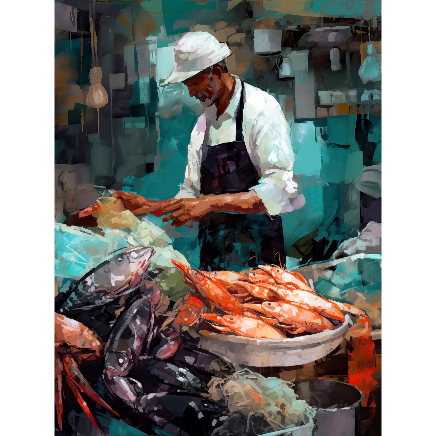 Artery8 Market Fishmonger Selling Fresh Catch Seafood Extra Large XL Wall Art Poster Print