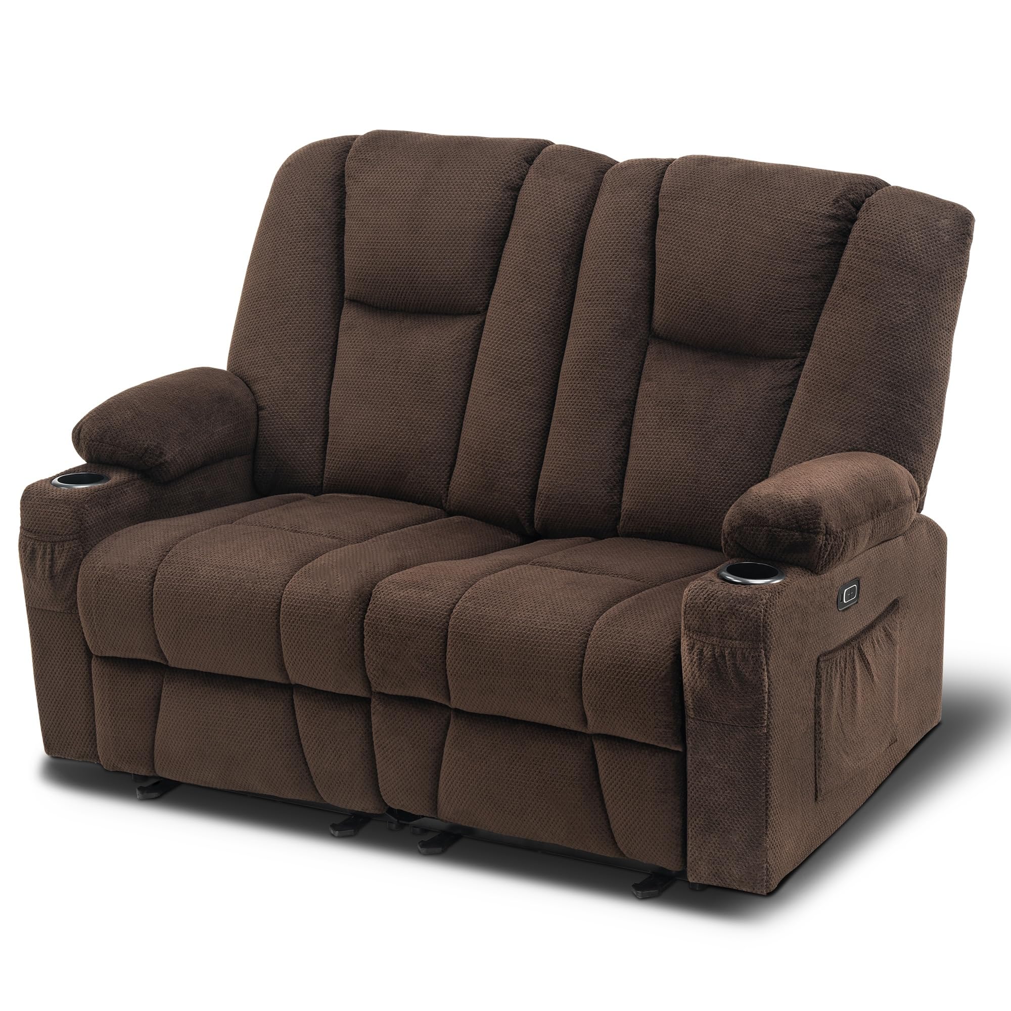 MCombo 61.8" Power Loveseat Recliner with Heat and Vibration, Fabric Electric Reclining Loveseat, USB Charge Port, Cup Holders for Living Room 6025 (Brown)