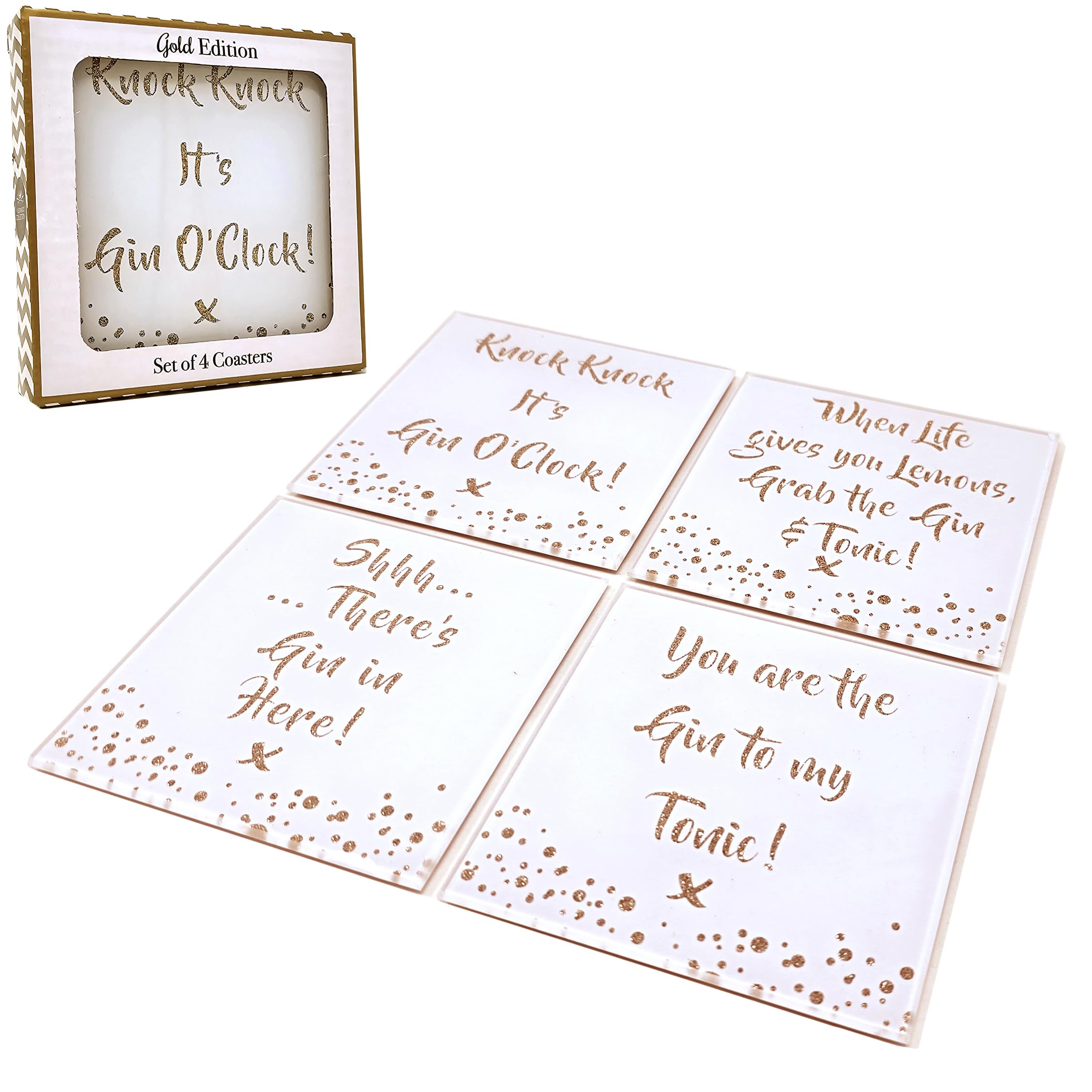 The Leonardo Collection Gold Set Of 4 Glass Coasters Glitter Gin Slogan Coffee Table Party Placemats
