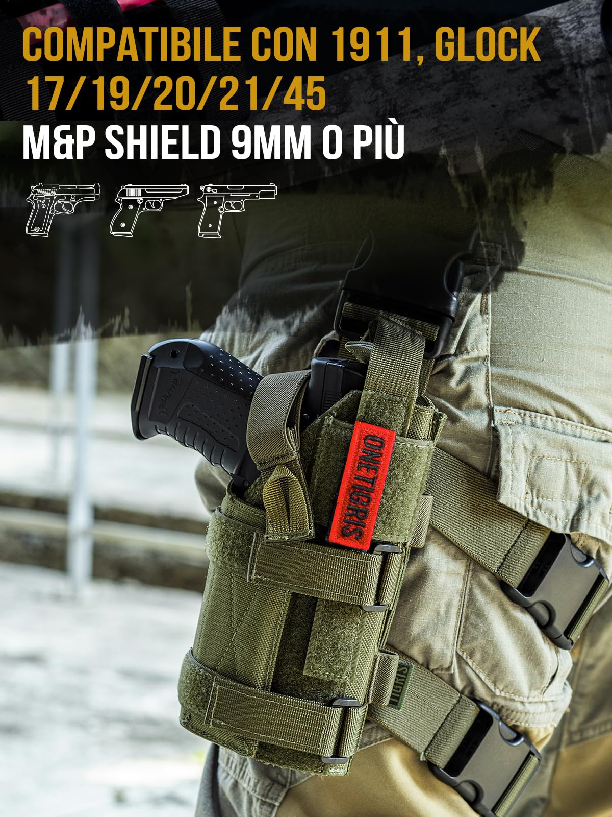 OneTigris Fondina Pistola Universale MOLLE – Compatibile con 17/19/20/21, Nylon 1000D, Regolabile (Destrimani) Fondina Cosciale & da Cintura per Softair, Paintball e Addestramento Tattico