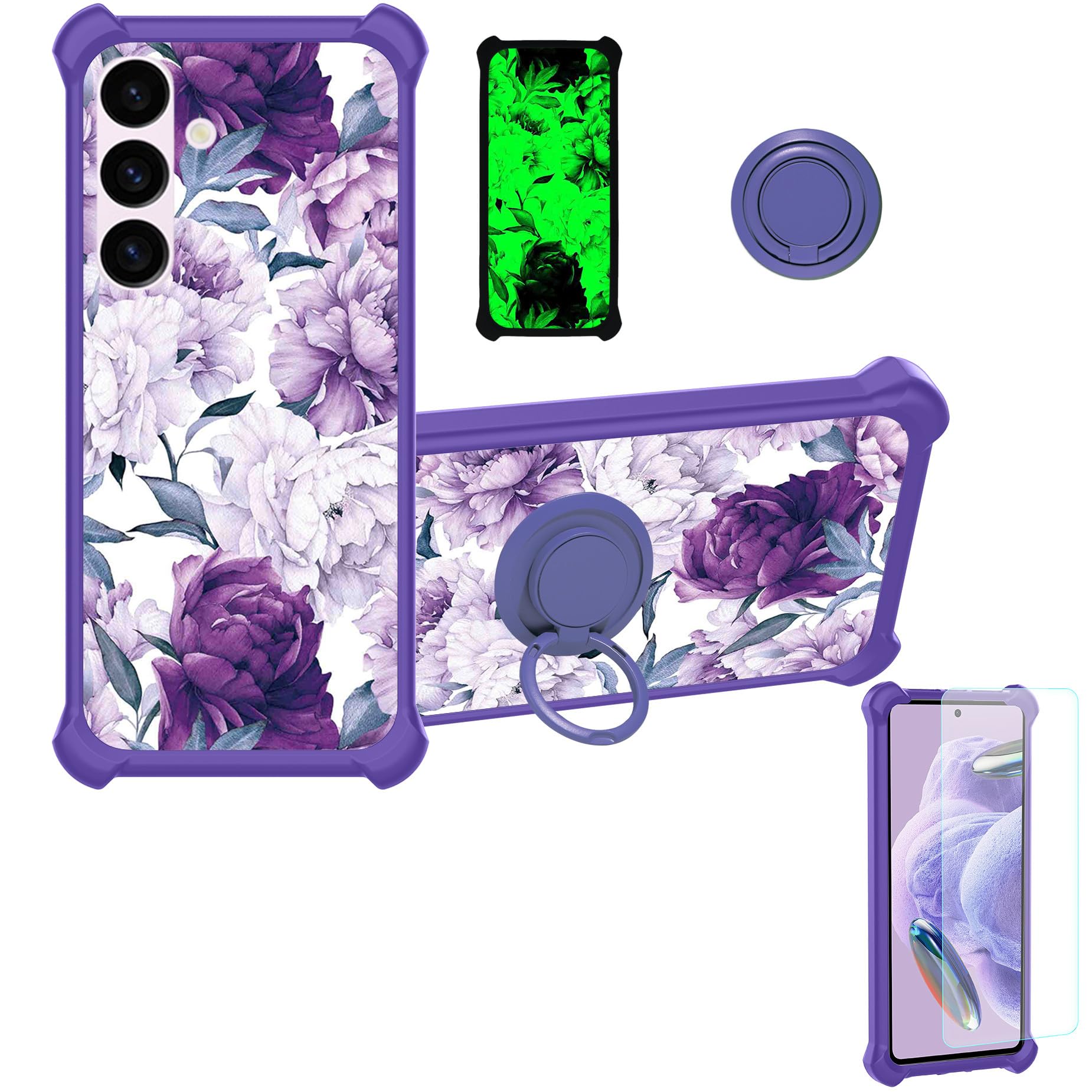 Galaxy S24+ Plus Case Compatible with Samsung S24+ Plus 5G Phone Case Cover [with Tempered Glass Screen Protector][Hard PC + Soft Silicone][Ring Support] [Luminous Effect] YGZ-ZSH