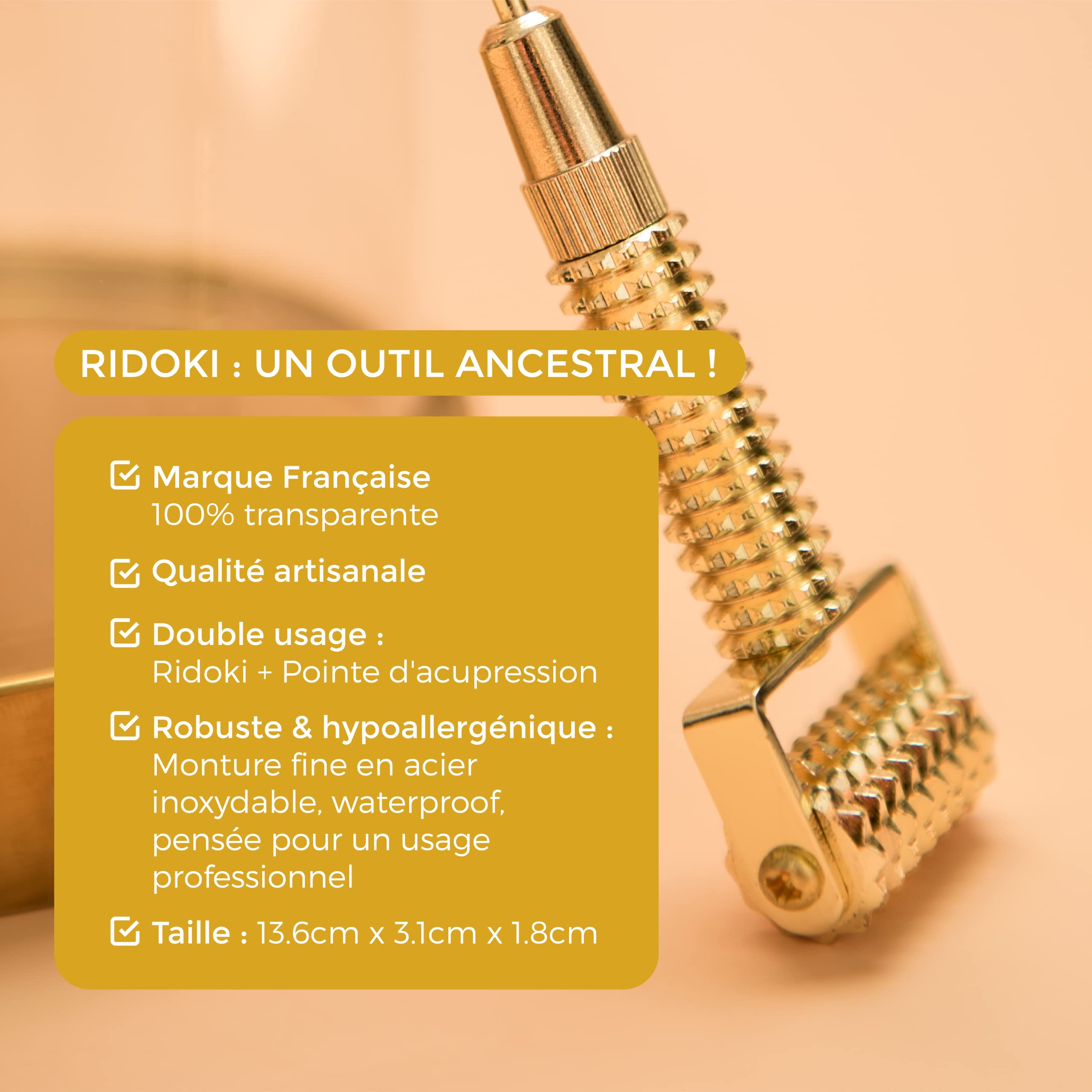 ROLL ON JADE - RIDOKI Gold Acu - Rouleau Massage Visage Anti-âge + Pointe d'acupression, Roller Visage Lifting Naturel, Lisse, Raffermit, Stimule