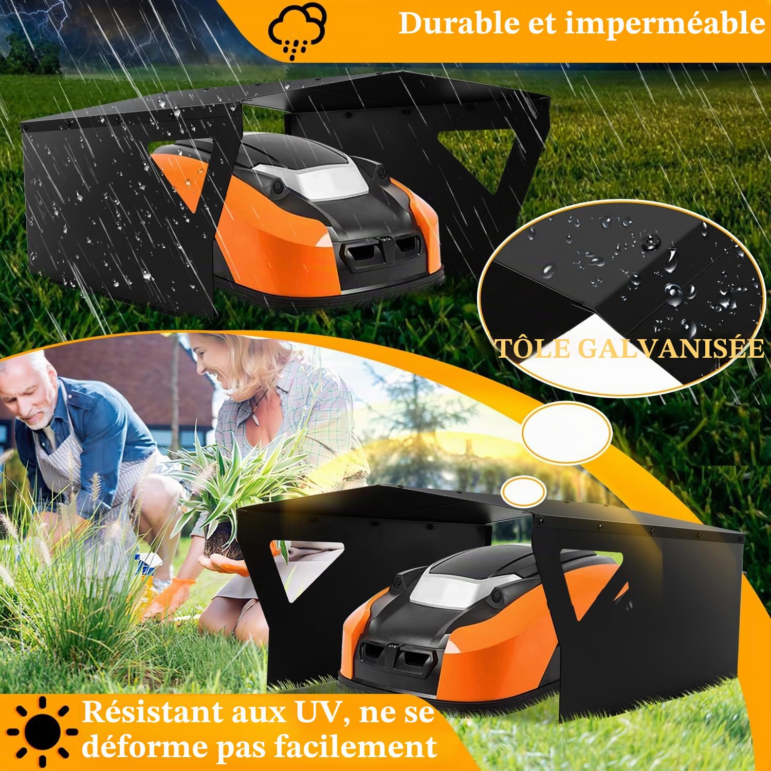 Abri de protection galvanisé pour tondeuse robot avec gants et protection UV - Idéal contre la pluie et la grêle - 78 x 60 x 34 cm - Noir