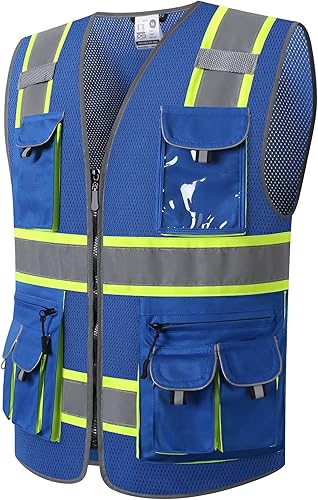 Miniatura 7 de Chaleco de seguridad negro reflectante de alta visibilidad de malla para hombres y mujeres, con 9 bolsillos y cremallera, chaleco de construcción de