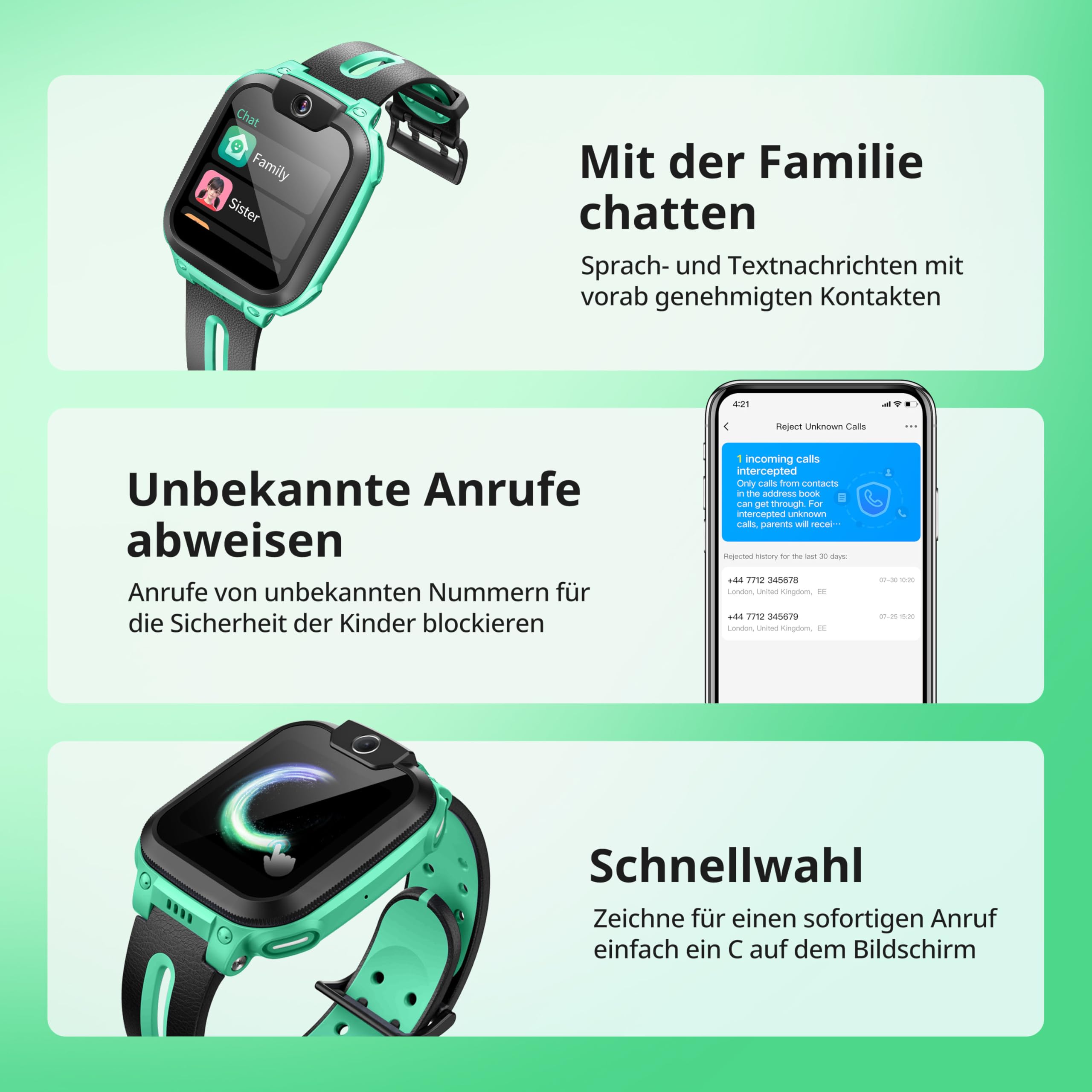 imoo Z1 smartwatch für Kinder, Kinder smartwatch und SIM-Karten-Unterstützung, SOS Notruf, Klassenmodus, IPX8 wasserdicht, 1,3 Zoll, Frontkamera 2 MP, Grün